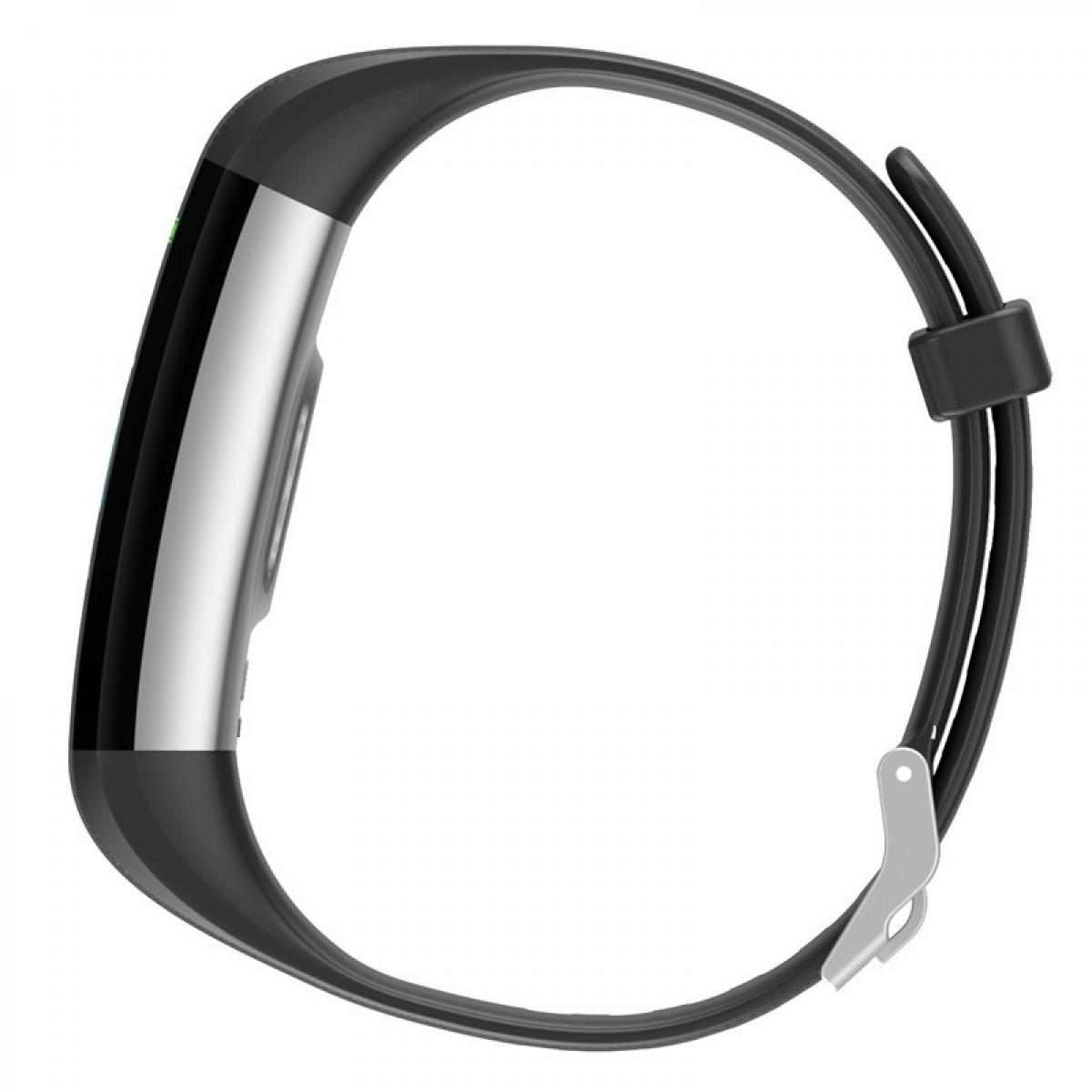 Ein schwarzes Fitness-Armband mit silbernem Akzent und digitaler Anzeige.