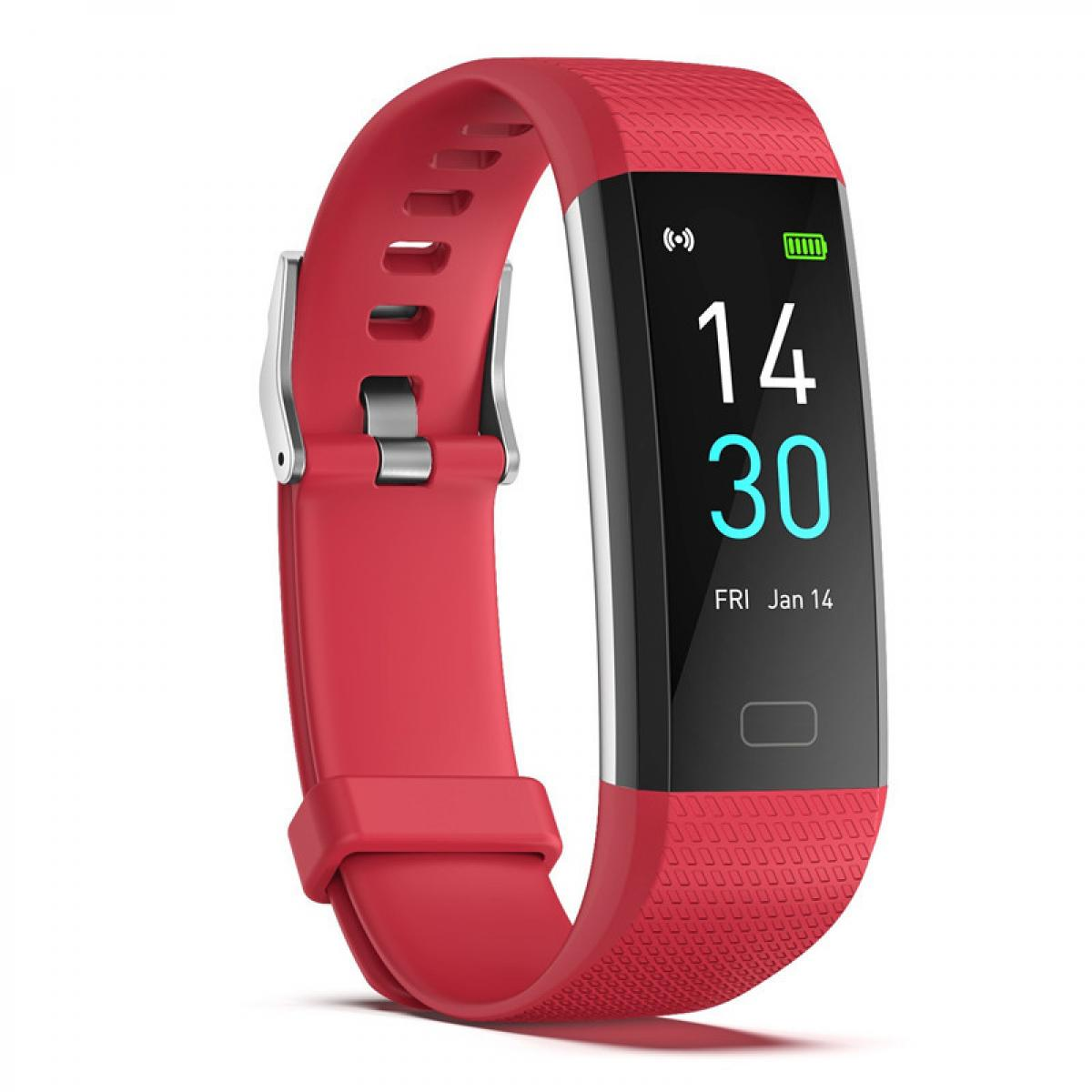 Rote Smartwatch mit schwarzem Display, das 14:30 Uhr und Fr, 14. Jan anzeigt.