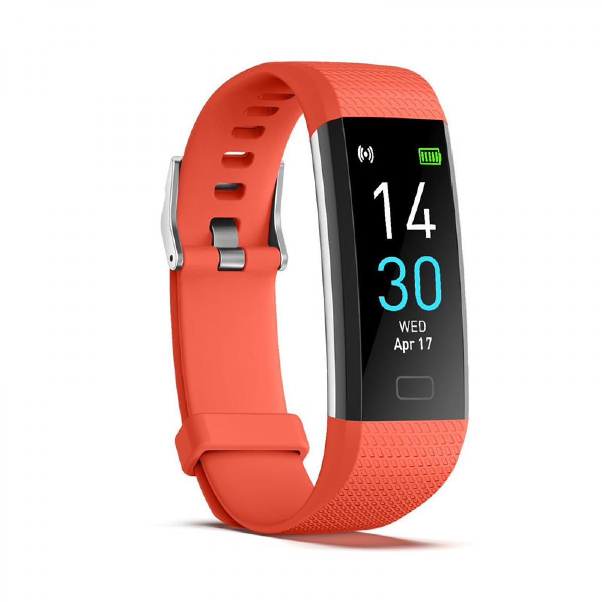 Ein orangefarbener Fitnesstracker mit schwarzem Bildschirm, der Uhrzeit und Datum anzeigt.