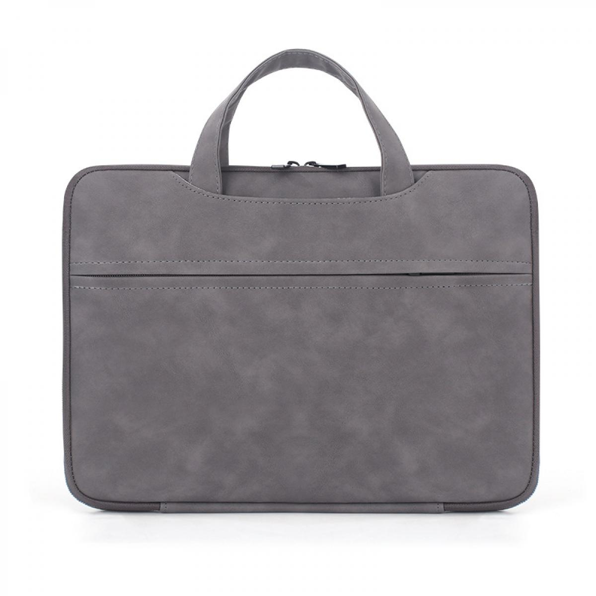 Graue Laptoptasche mit zwei Henkeln und einer Reißverschlusstasche.