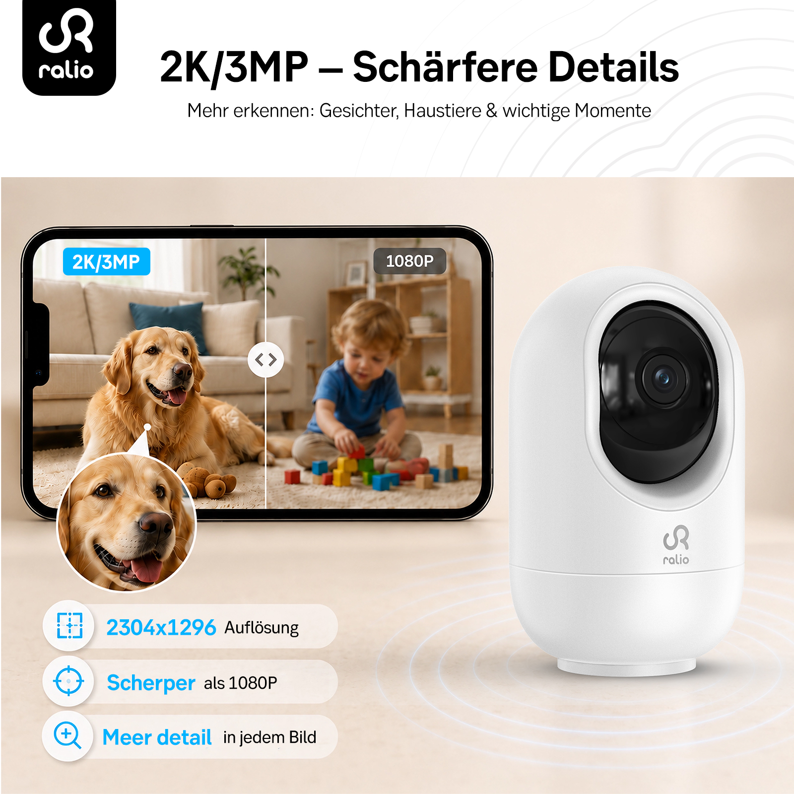 Ein weißer Überwachungsmonitor zeigt einen Hund und ein Kind. Der Text hebt 2K/3MP Auflösung hervor.