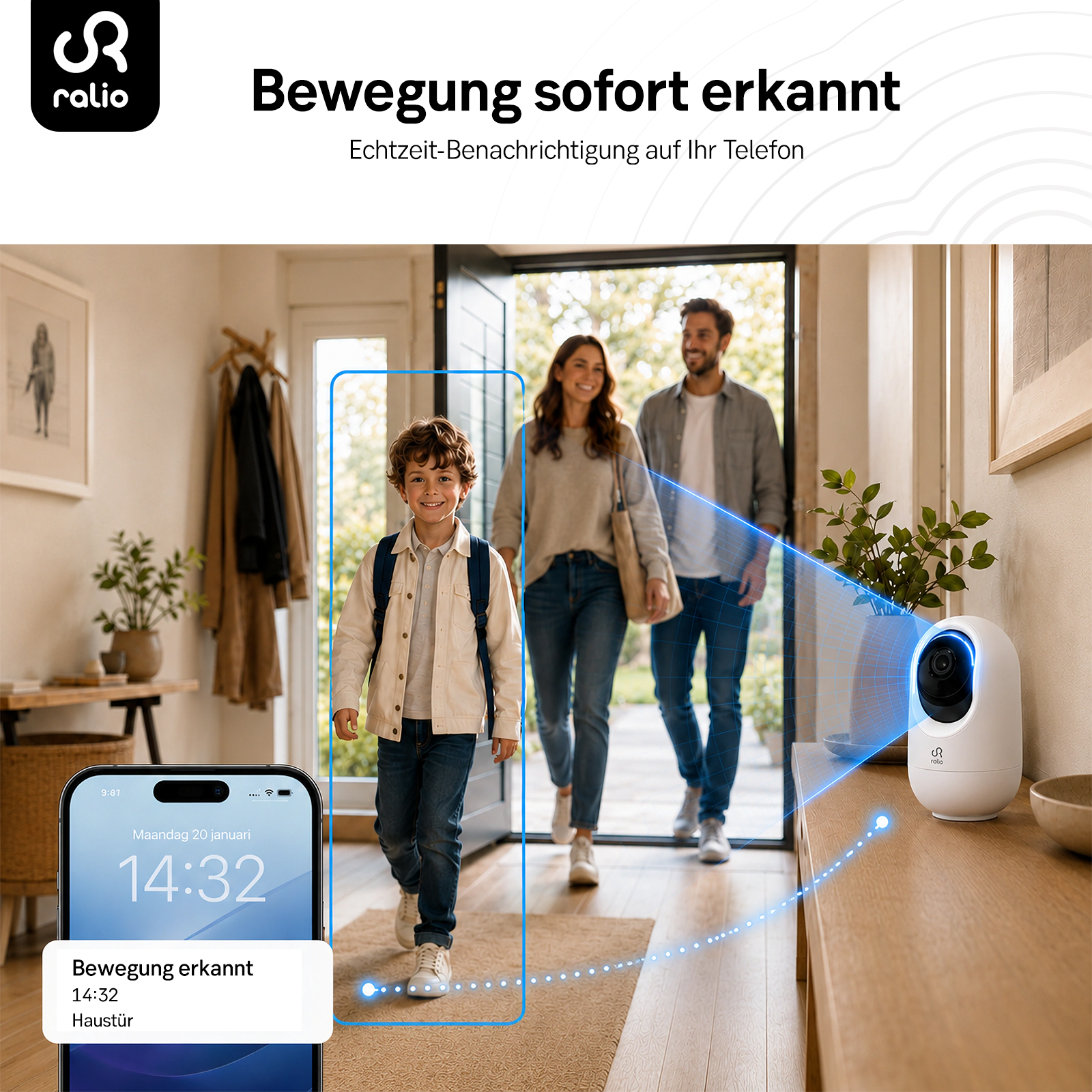 Familie betritt Haus, Kind im Fokus, Überwachungskamera und Handy-Benachrichtigung.