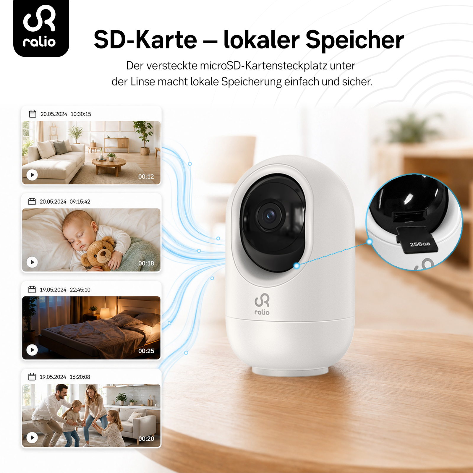 Ein weißer Überwachungsmonitor mit SD-Karte und Beispielvideos.