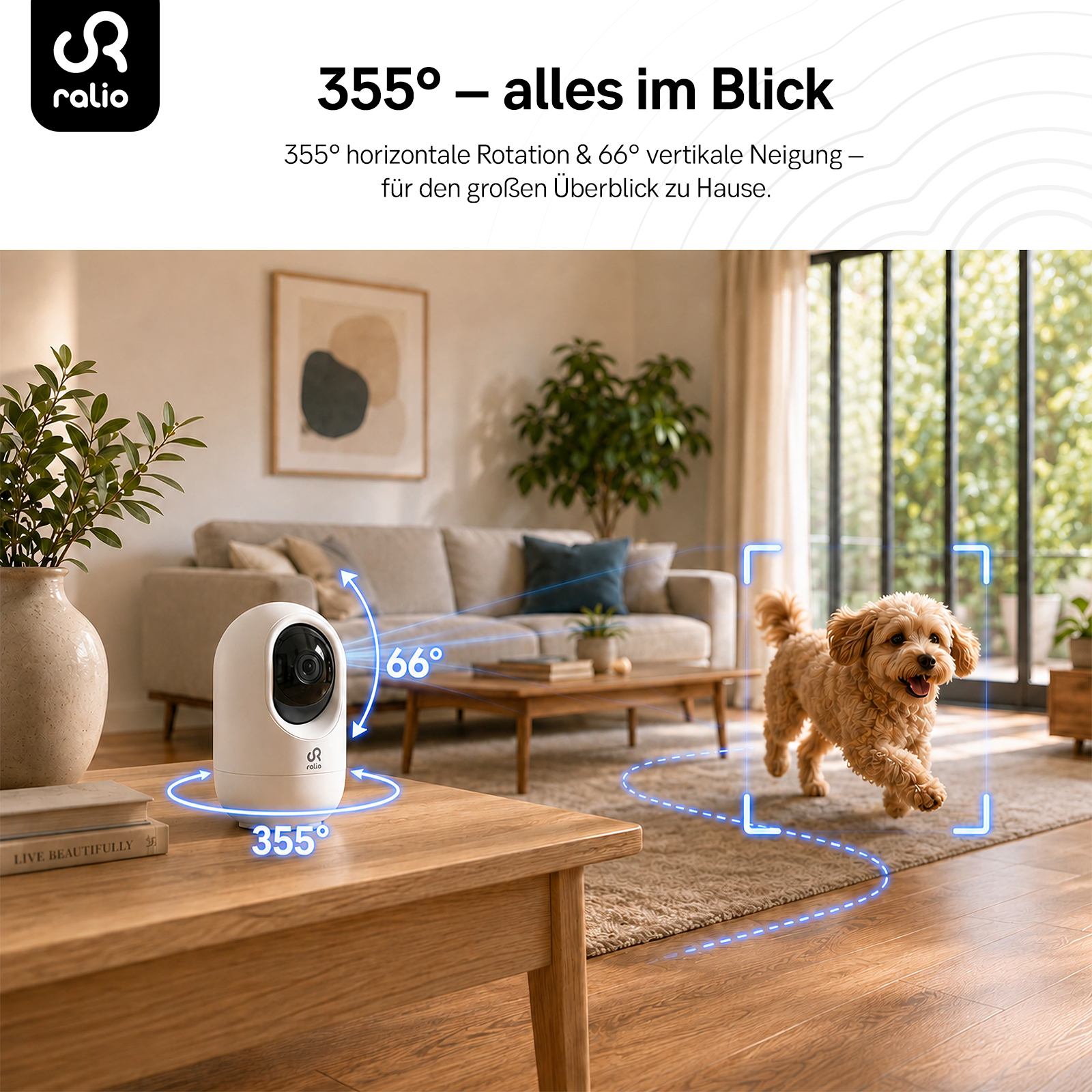 Ein weißer Überwachungs-Cam auf einem Holztisch, ein Hund läuft vorbei.