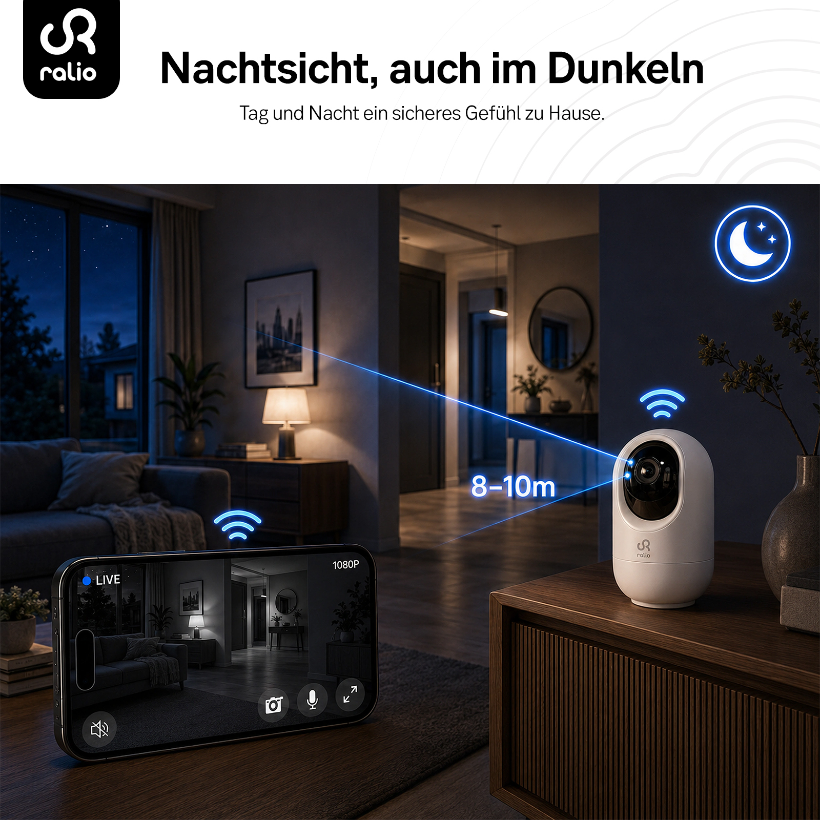 Überwachungskamera mit Nachtsicht, Handy-App-Ansicht, Reichweite 8-10m.