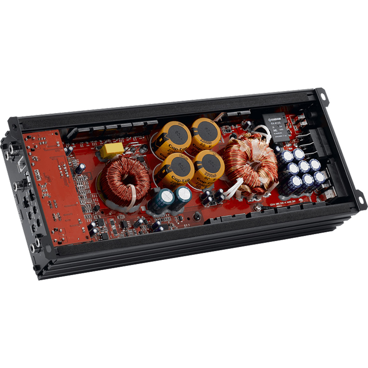 Ein offener Verstärker mit roter Platine, Kondensatoren und Spulen.
