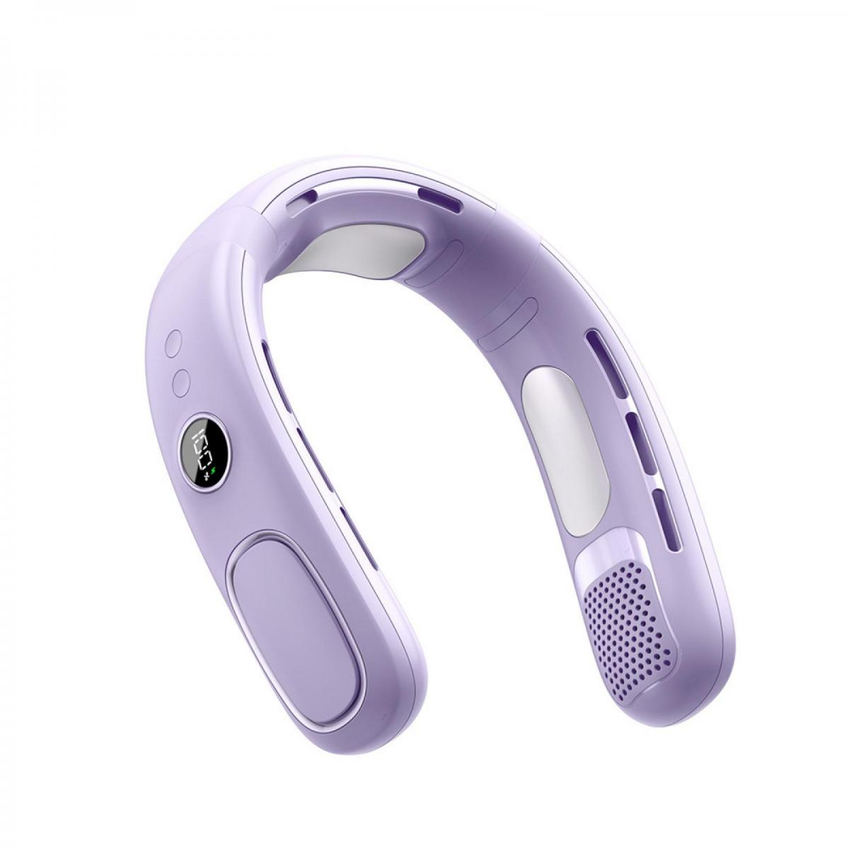 Ein lila Nackenventilator mit digitaler Anzeige und Lüftungsschlitzen.