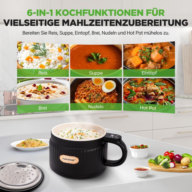 Ein Kochgerät mit 6 Funktionen zeigt Reis, Suppe, Eintopf, Brei, Nudeln und Hot Pot.