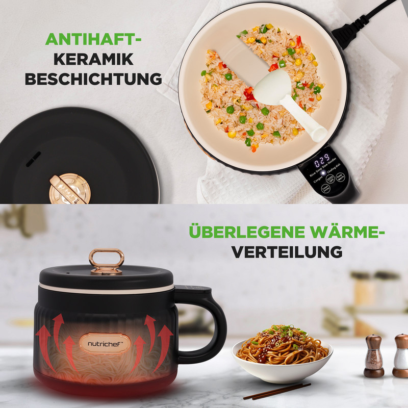 Gerät mit Keramikbeschichtung und Kochtopf mit Nudeln, daneben ein Schälchen mit gebratenen Nudeln.