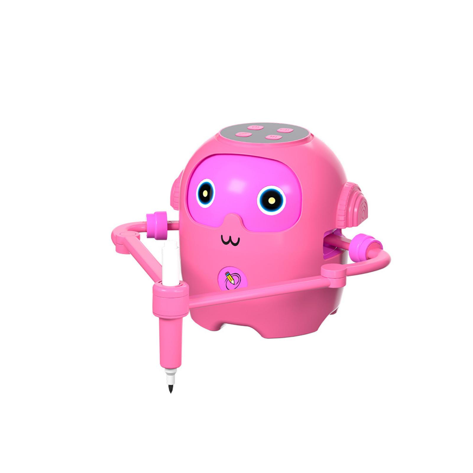 Ein pinker Roboter mit großen Augen hält einen Stift. Oben sind Knöpfe.