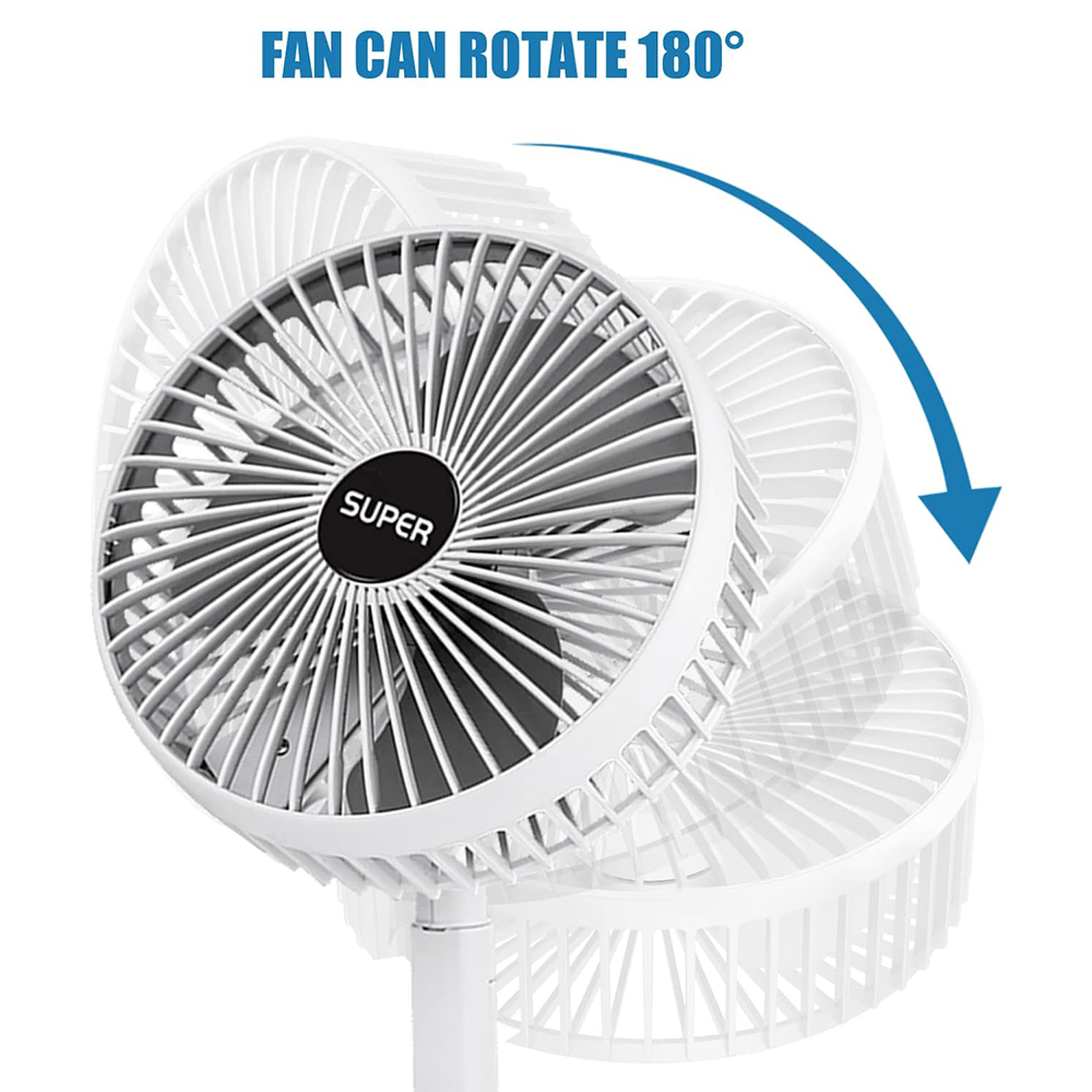 Ein weißer Ventilator mit schwarzer Mitte, beschriftet mit „SUPER“, und einem blauen Pfeil, der eine 180-Grad-Drehung anzeigt.