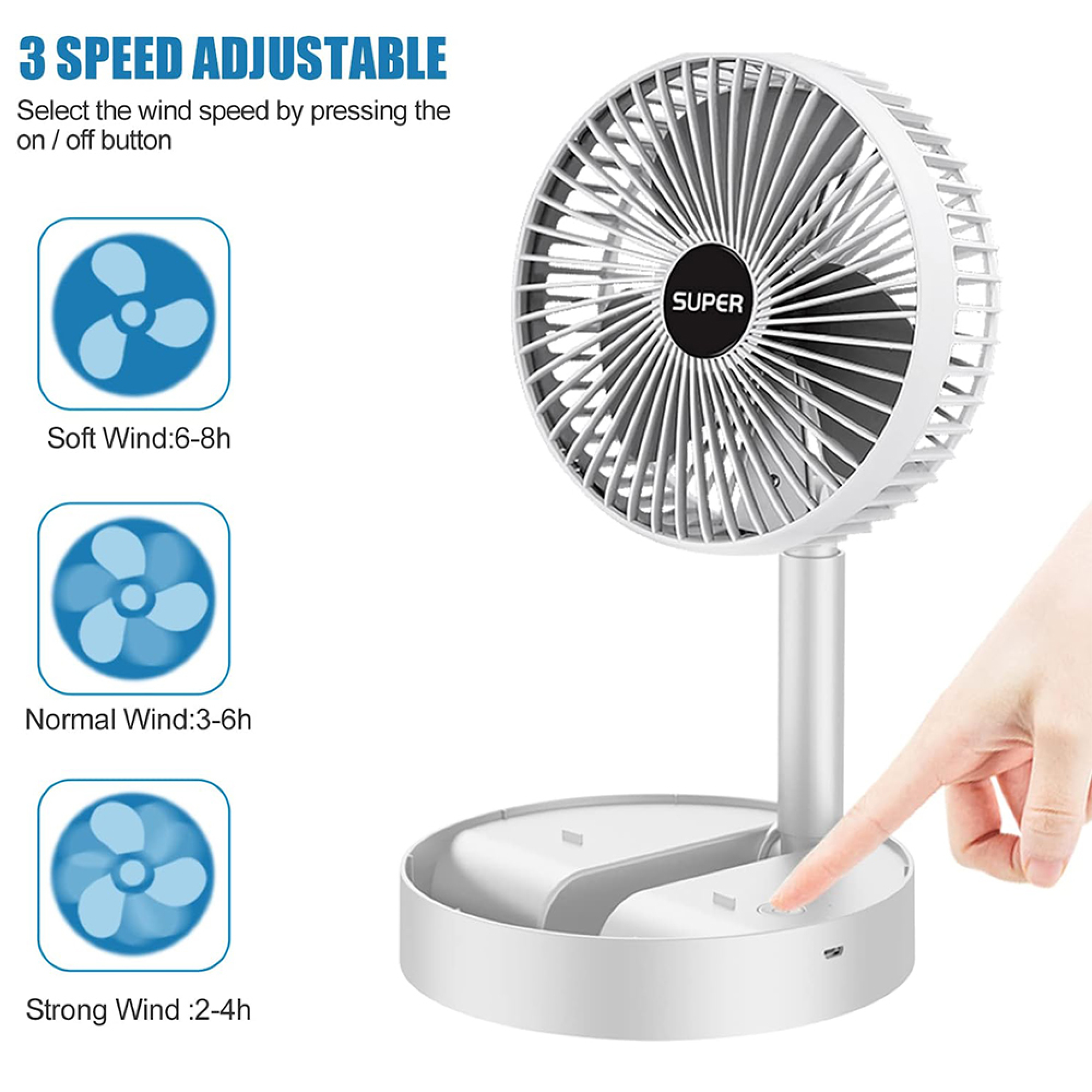Ein weißer Ventilator mit drei Geschwindigkeiten wird durch Drücken einer Taste bedient.