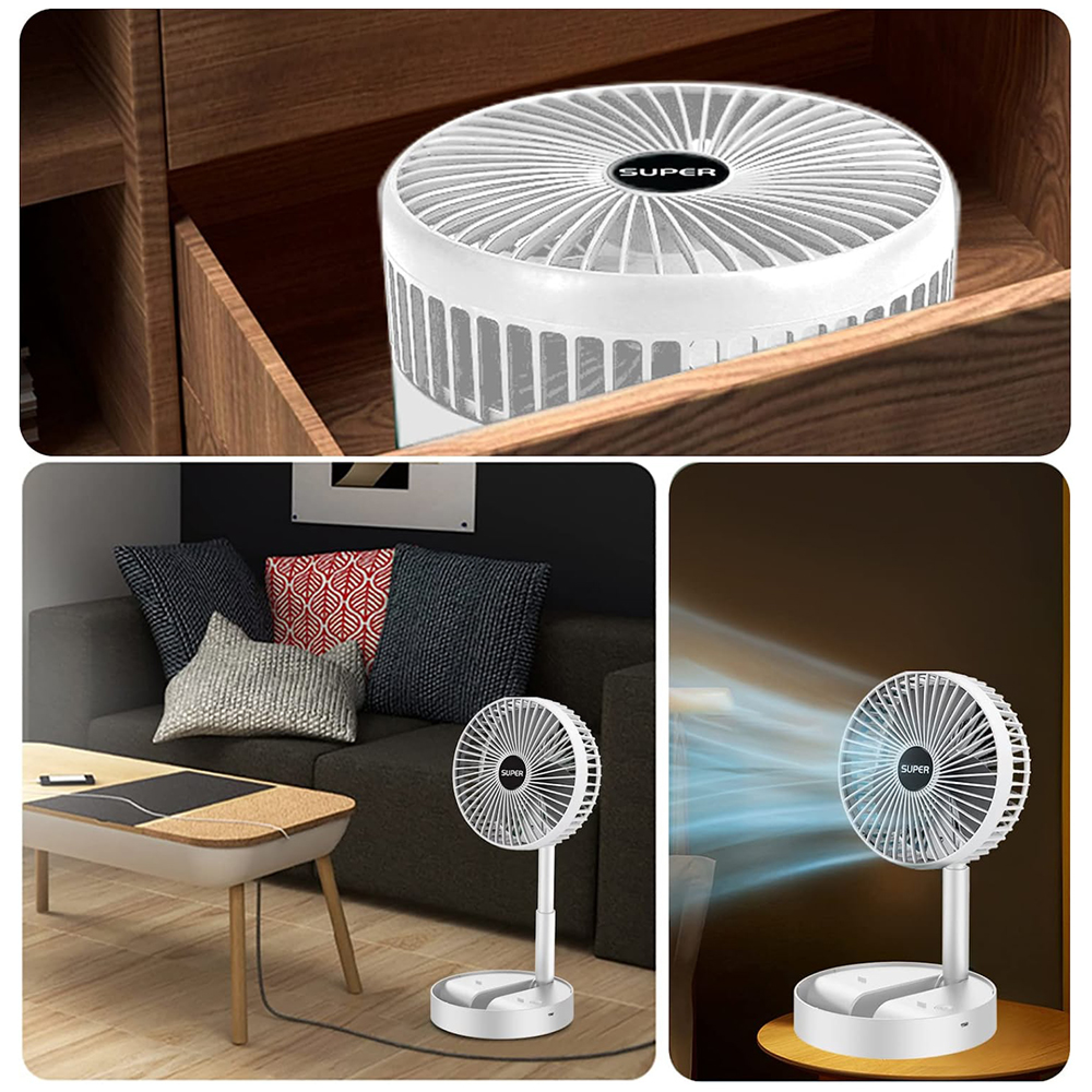 Ein weißer Ventilator steht auf einem Couchtisch neben einem Sofa.