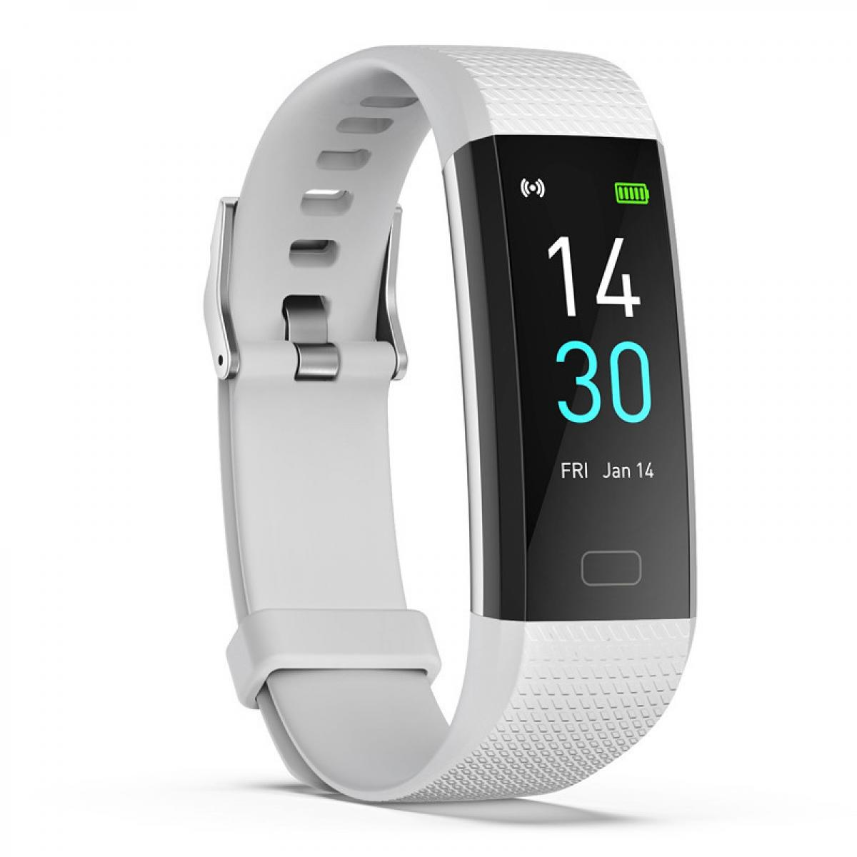 Ein weißer Fitnesstracker mit schwarzem Bildschirm, der 14:30 und Fr. 14. Jan anzeigt.