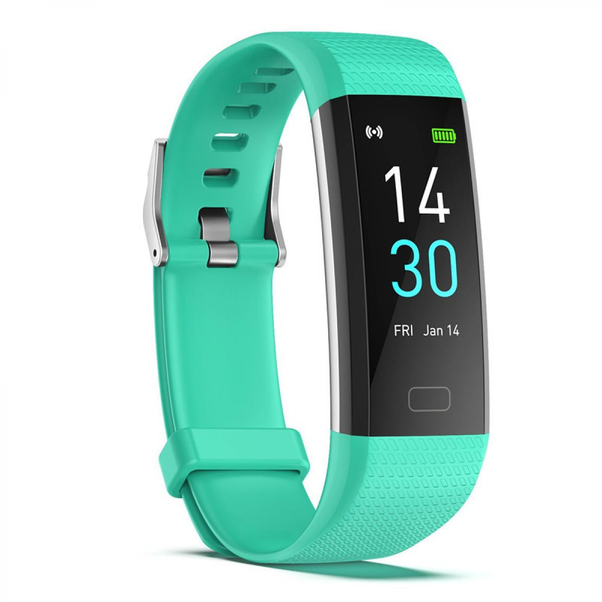 Ein türkisfarbener Fitness-Tracker mit schwarzem Display, das Uhrzeit und Datum anzeigt.