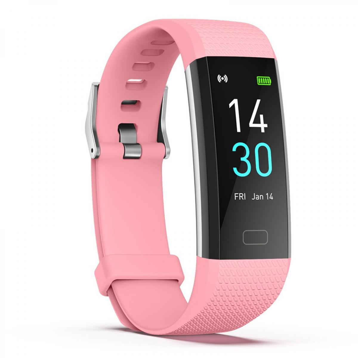 Ein pinker Fitness-Tracker mit schwarzem Bildschirm, der „14 30“ und „FR Jan 14“ anzeigt, mit Batterie- und Signalsymbolen.