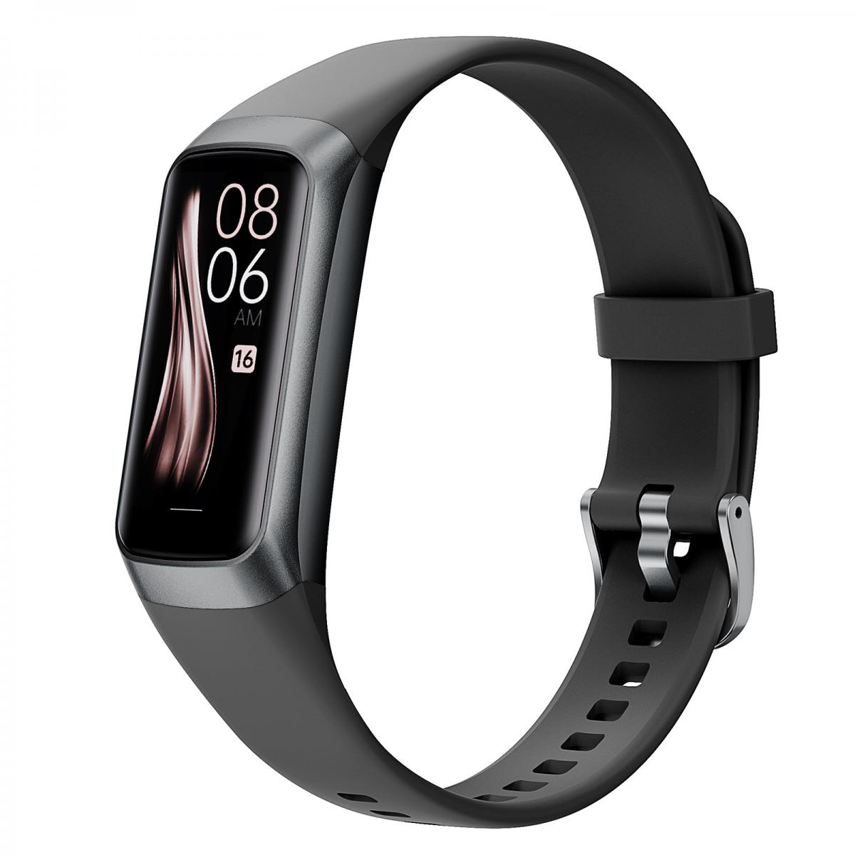 Graues Fitnessarmband mit schwarzem Display, das 08:06 Uhr anzeigt.