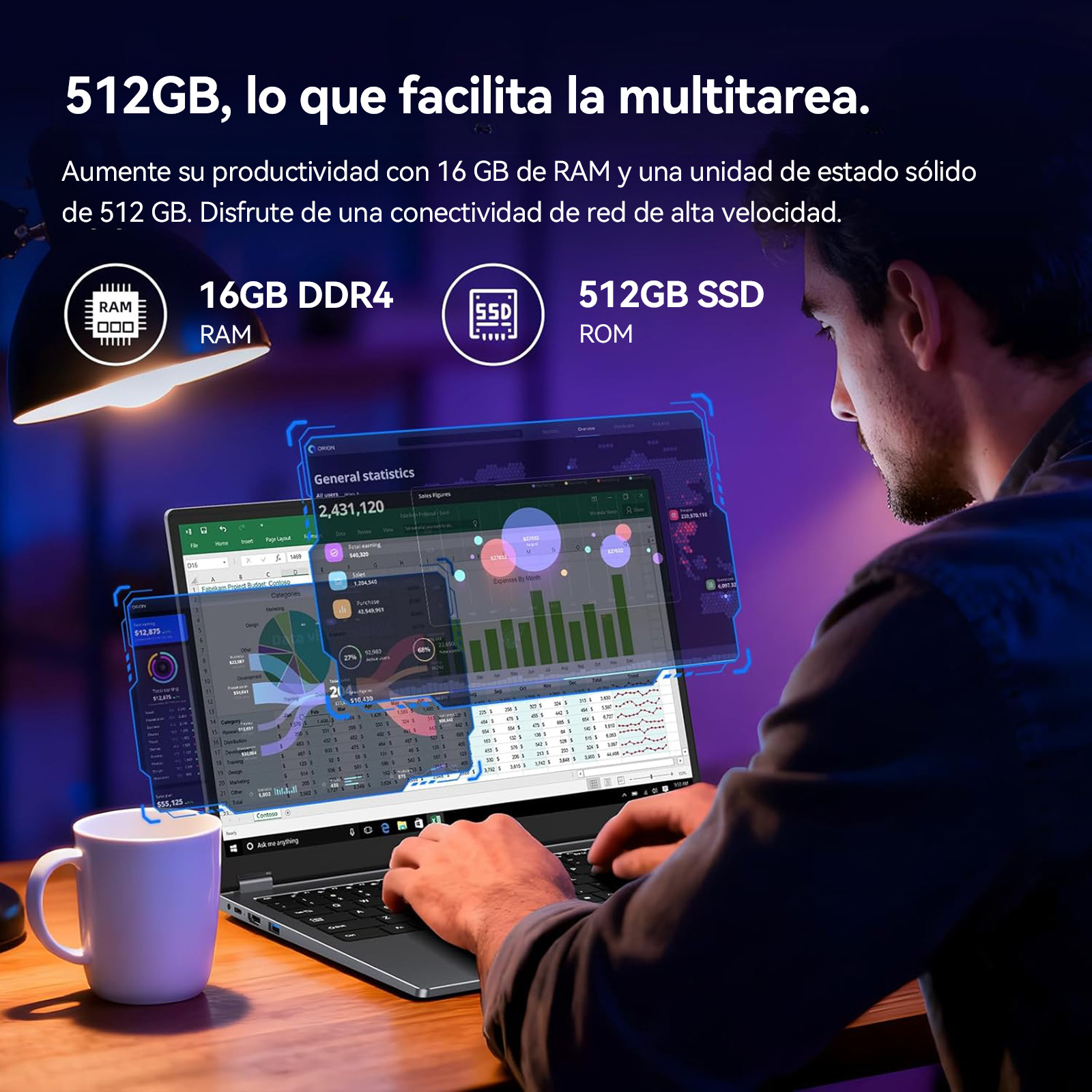 Hombre con portátil mostrando estadísticas y gráficos. 16 GB RAM, 512 GB SSD.