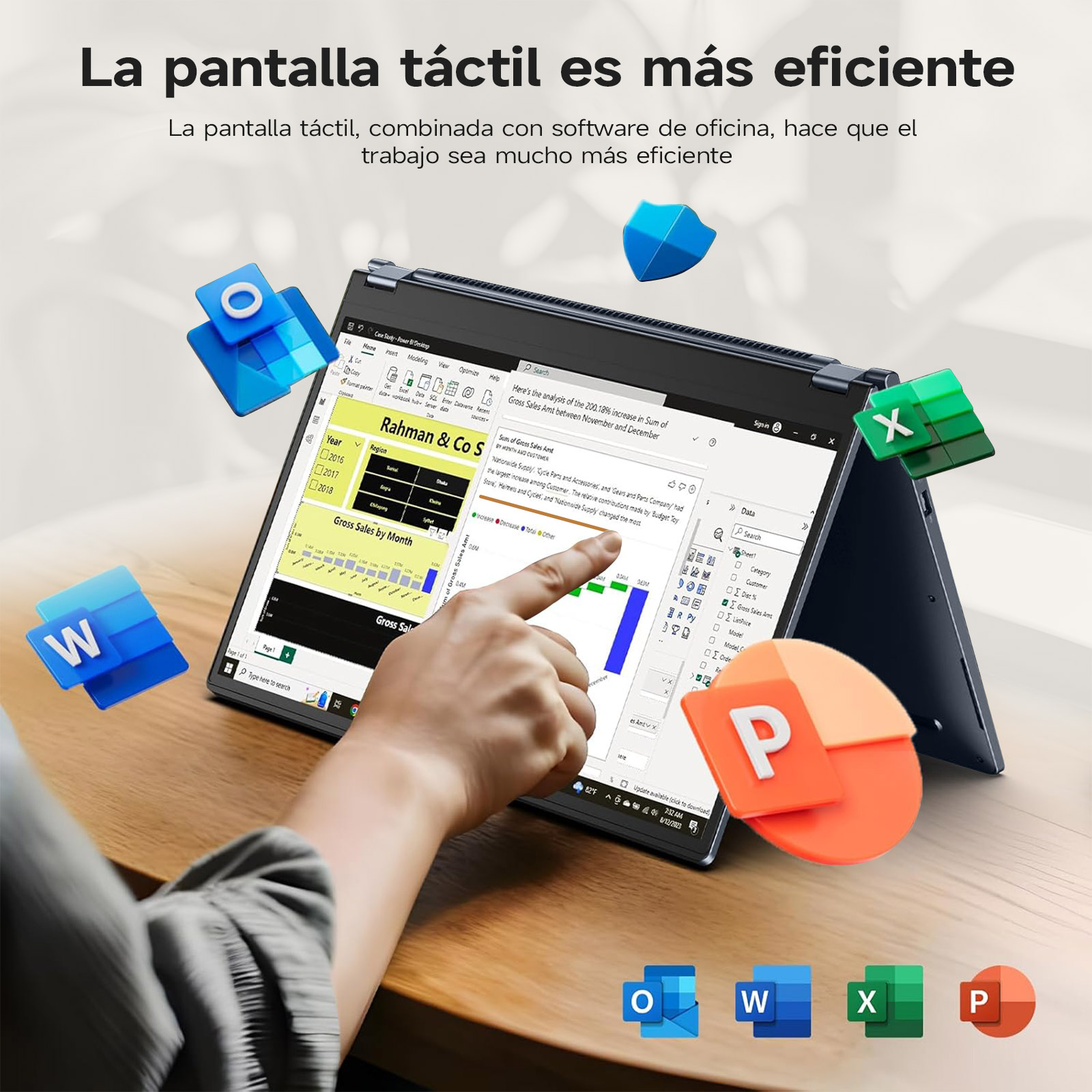 Un portátil mostrando una hoja de cálculo de Excel, rodeado de iconos de aplicaciones de Microsoft.