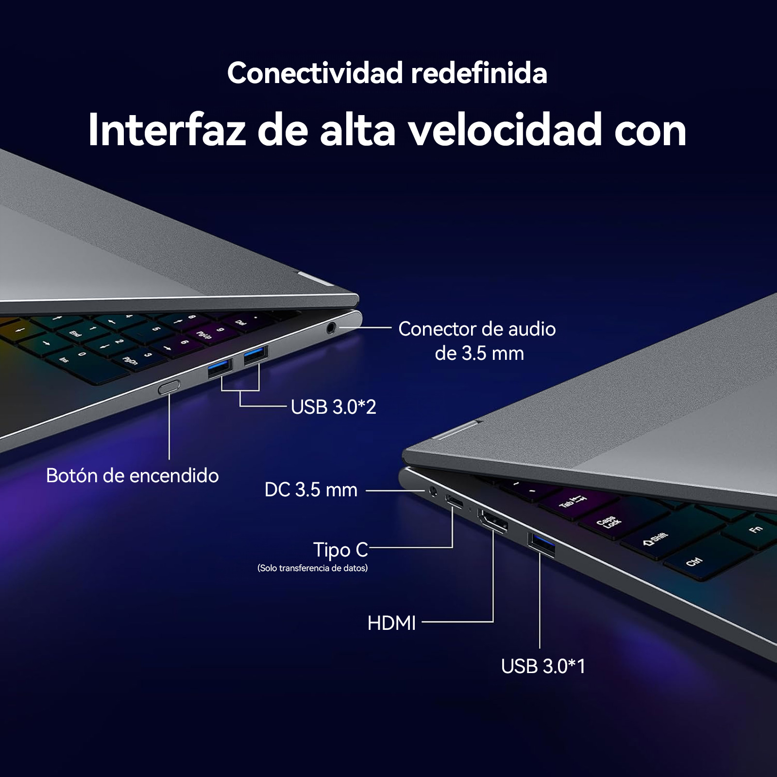 Primer plano de un portátil mostrando puertos etiquetados: USB, audio, HDMI y alimentación.