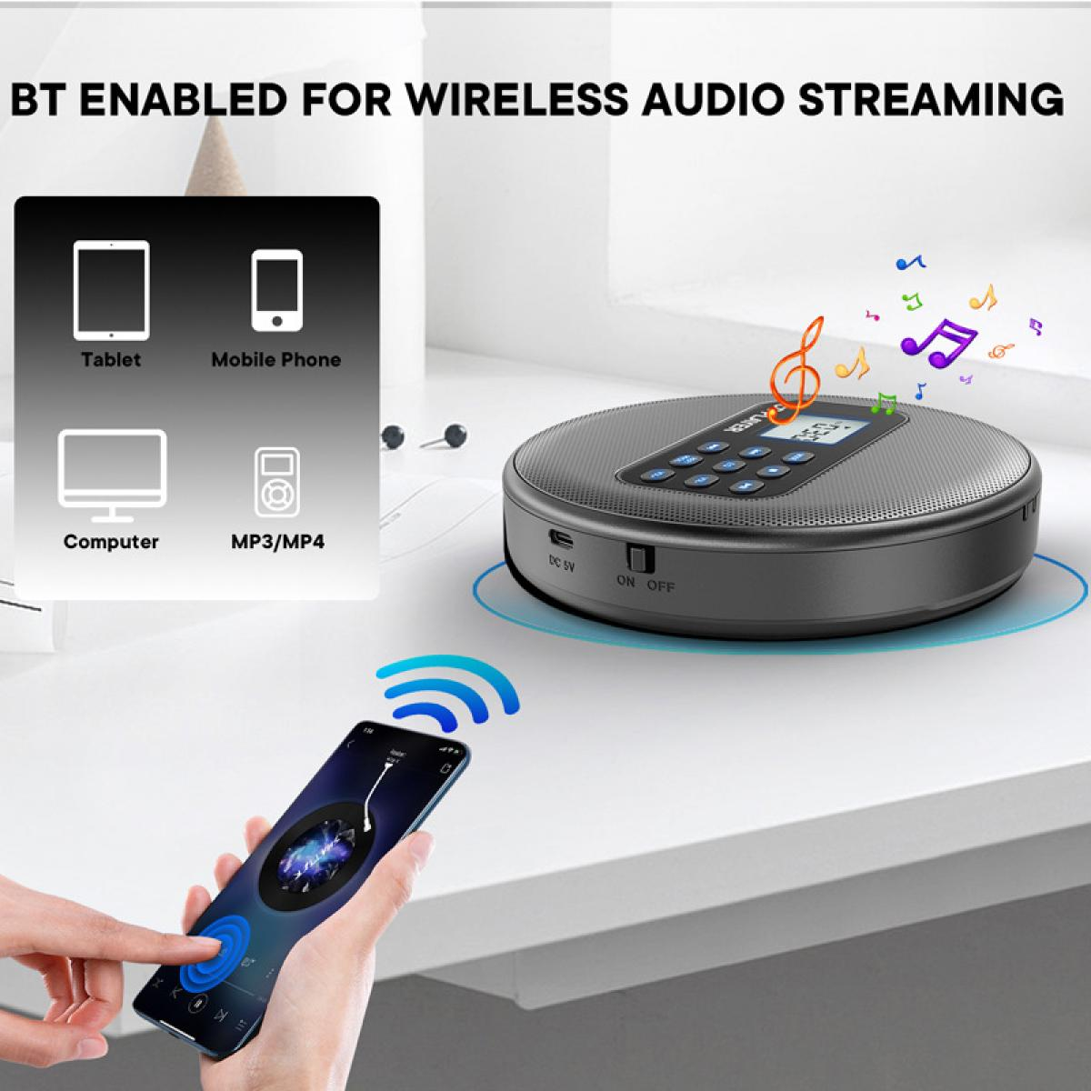 Ein Smartphone verbindet sich drahtlos mit einem Lautsprecher, der Musiknoten anzeigt.