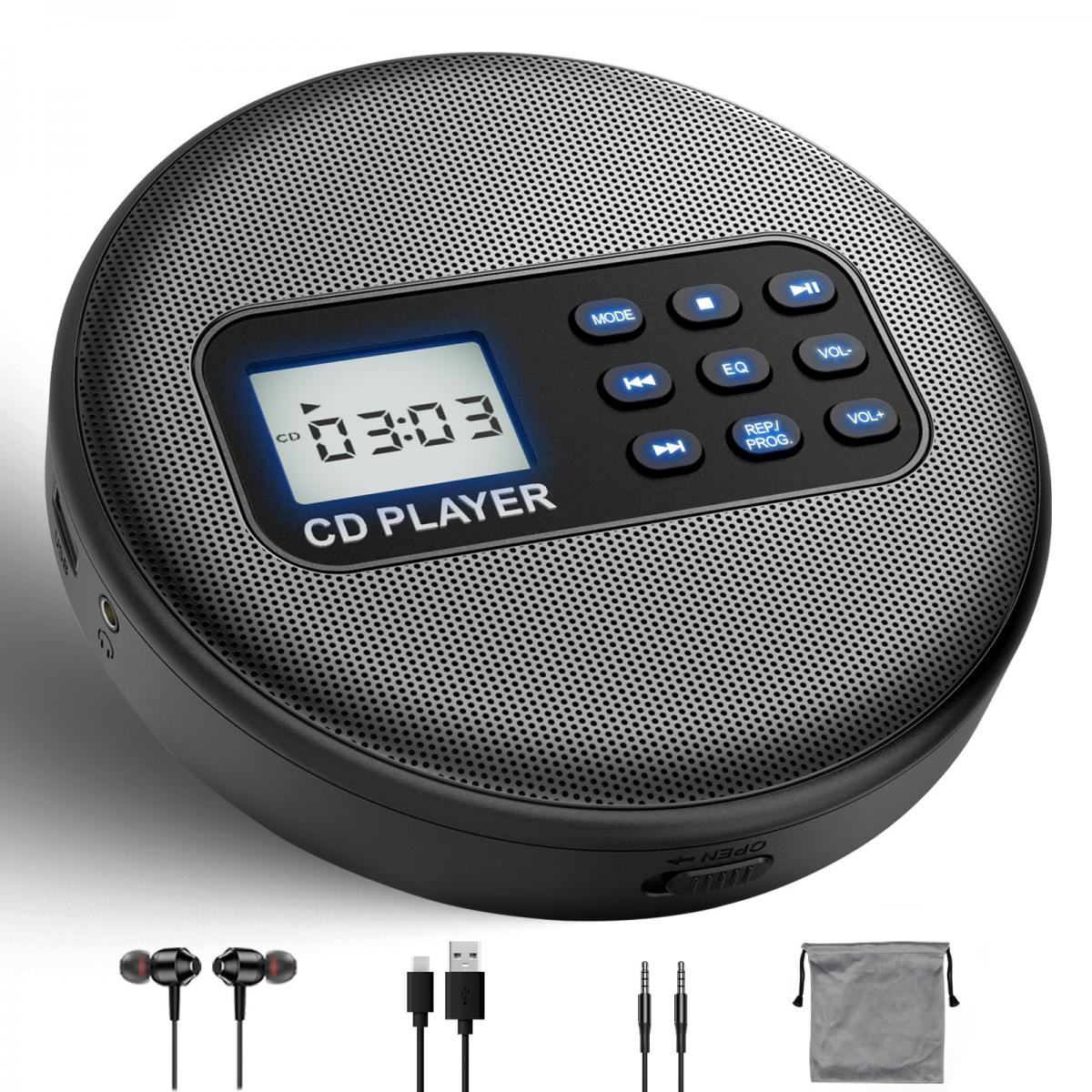 Ein tragbarer CD-Player mit schwarzem Lautsprechergitter, Digitalanzeige und Tasten.