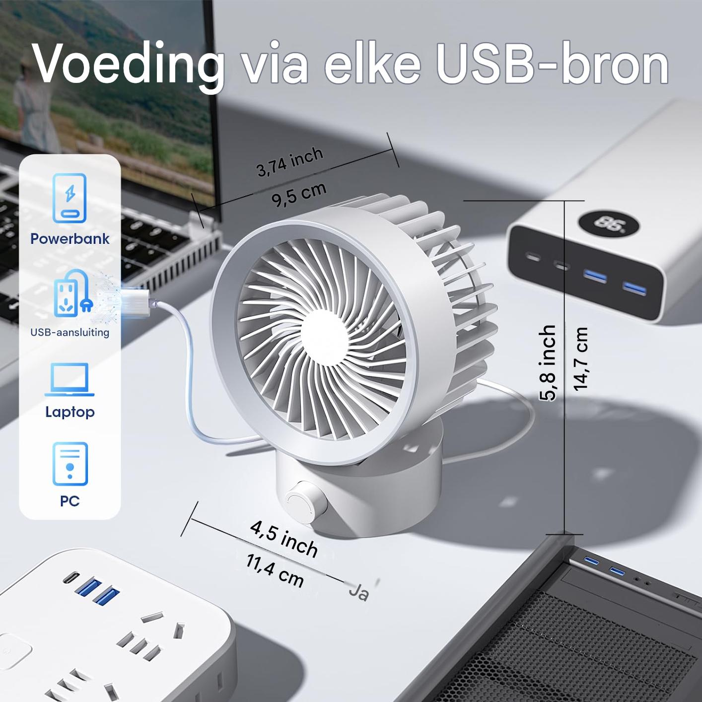 Ein kleiner weißer USB-Ventilator daneben ein Laptop, Powerbank und PC.