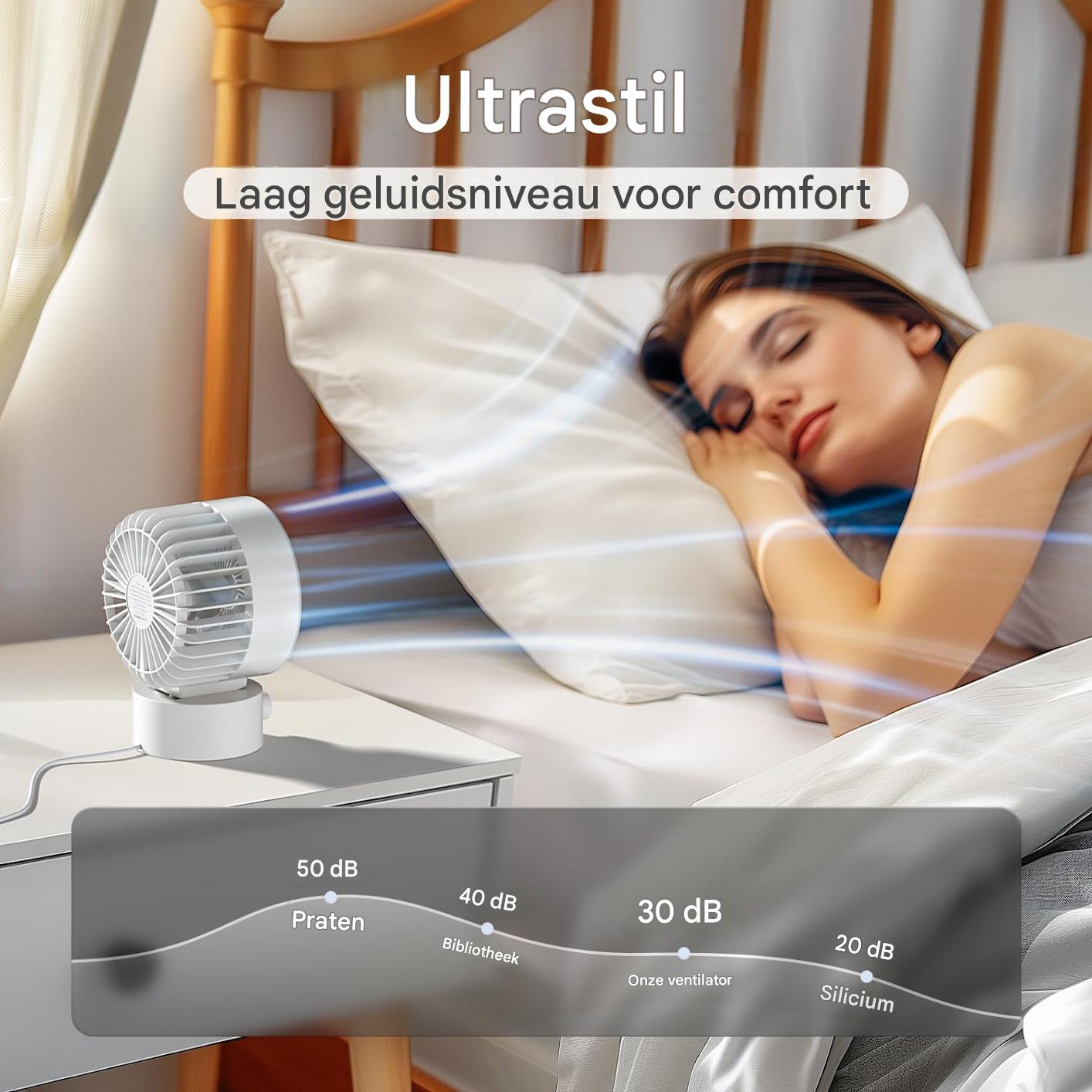 Eine Frau schläft friedlich im Bett, während ein kleiner weißer Ventilator Luft bläst, mit einer Schallpegel-Vergleichstabelle.