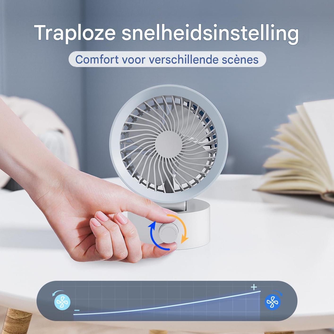 Eine Hand dreht einen Knopf an einem kleinen Ventilator, um die Geschwindigkeit einzustellen.