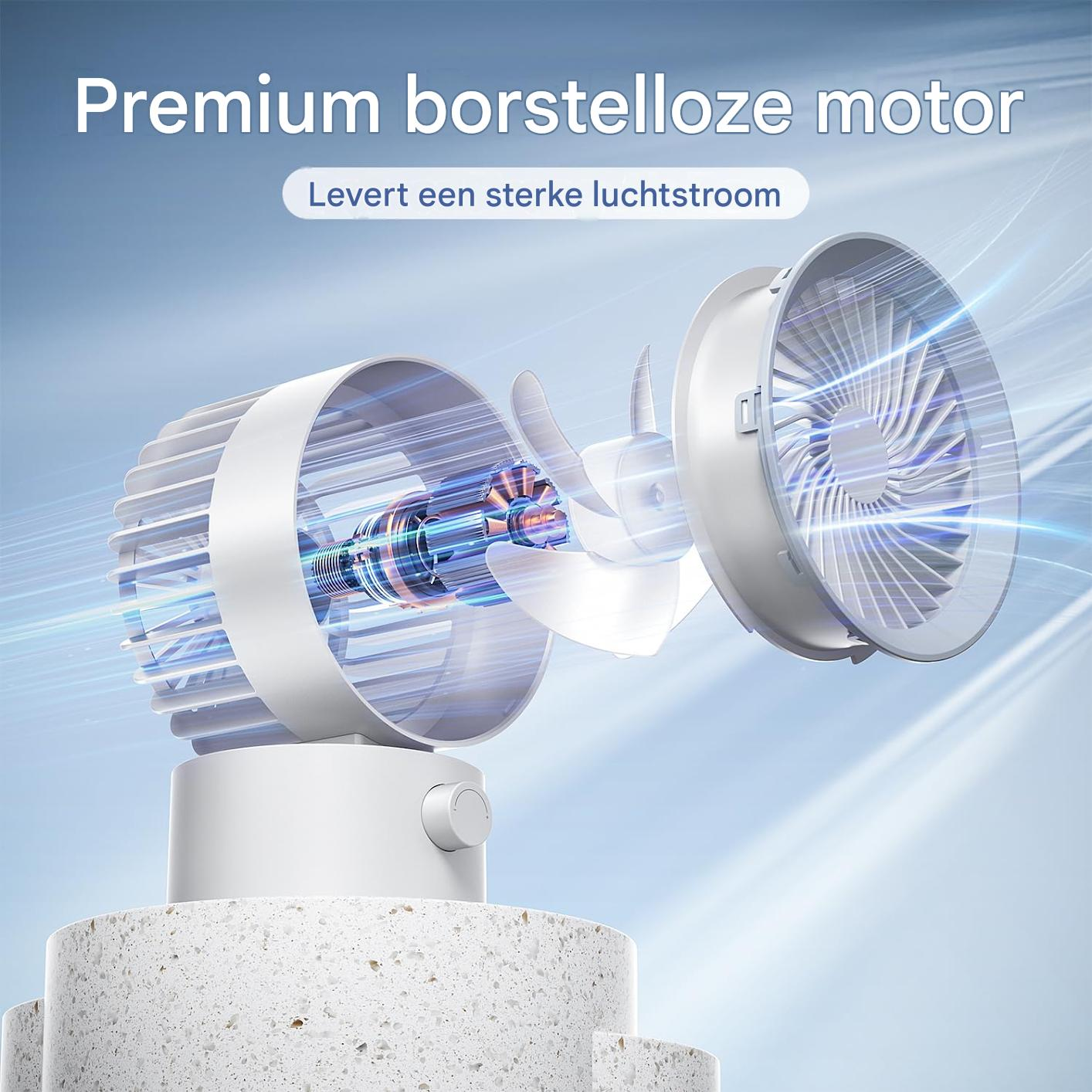 Ein weißer, bürstenloser Motor mit Propeller und Lüfterblatt vor blauem Hintergrund.