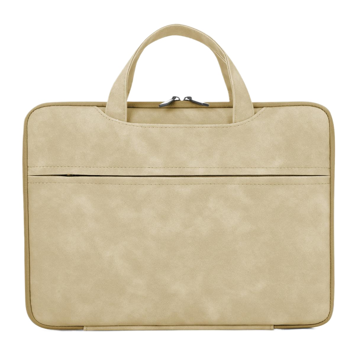 Eine beige Laptoptasche mit zwei Reißverschluss-Griffen und einer Fronttasche.