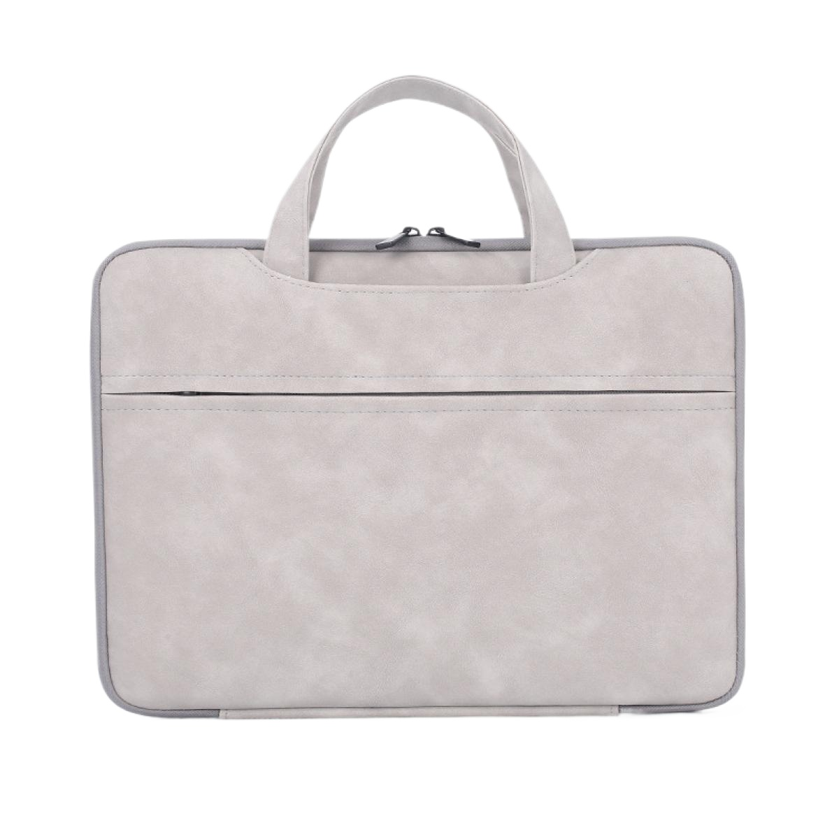 Eine hellgraue Laptoptasche mit Henkel und einer vorderen Reißverschlusstasche wird vor weißem Hintergrund präsentiert.