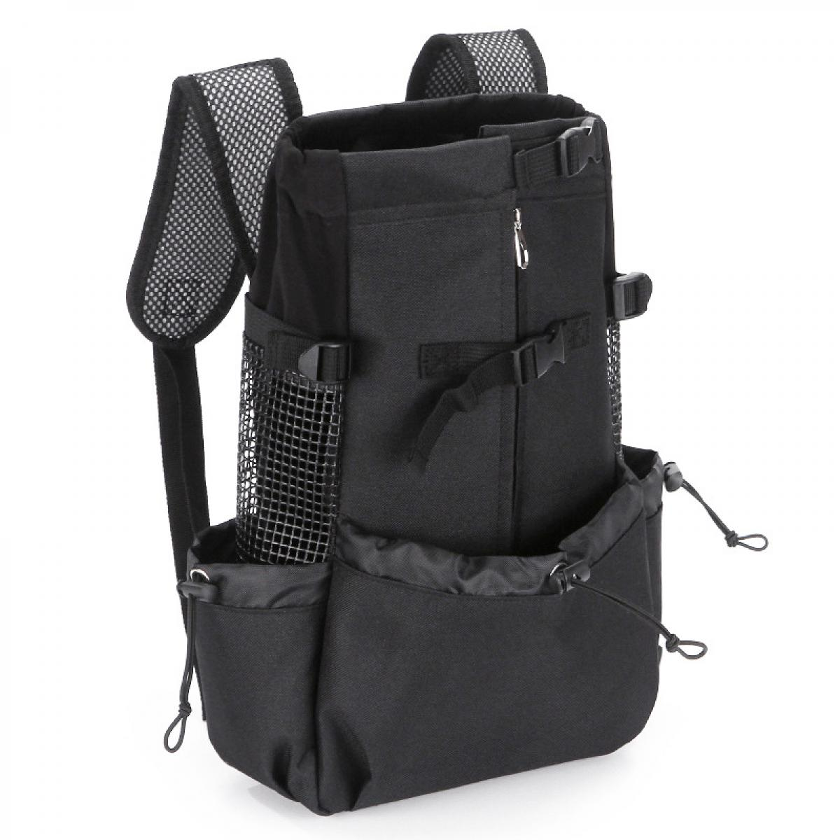 Ein schwarzer Haustiertransportrucksack mit Netzschultergurten, Seitentaschen und Kordelzugöffnung, auf weißem Hintergrund.