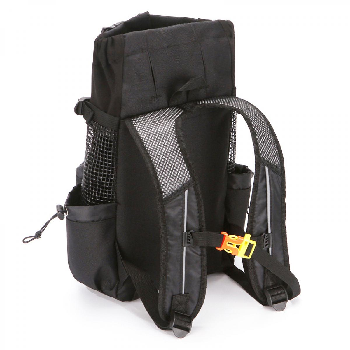 Schwarzer Rucksack mit Netztaschen, verstellbaren Trägern und Schnallen.
