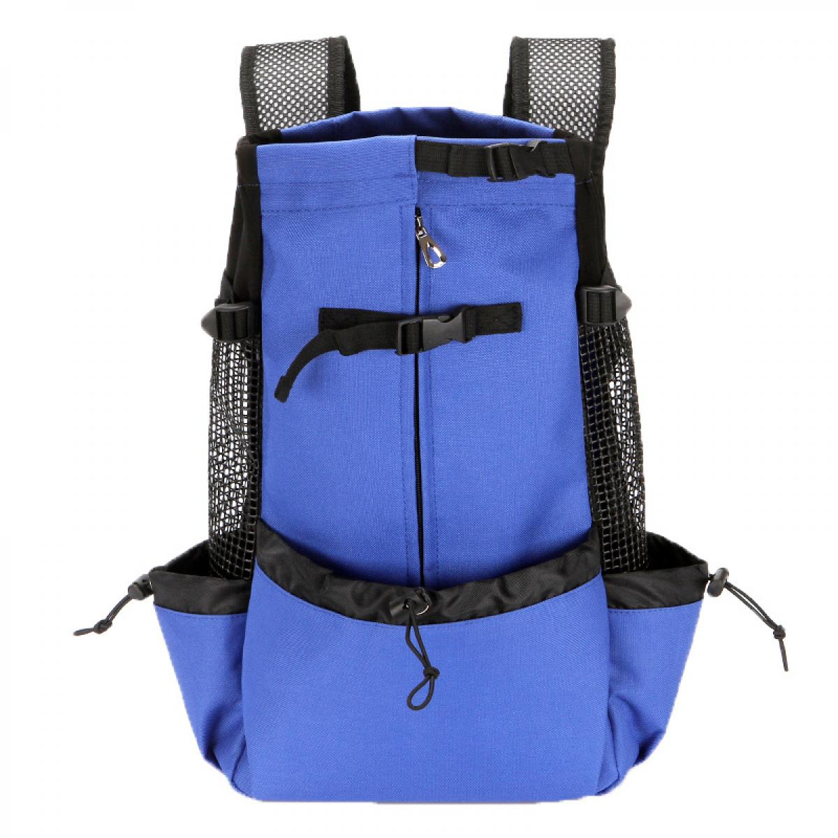 Ein blauer Rucksack mit schwarzen Netztaschen und Riemen, auf weißem Hintergrund.