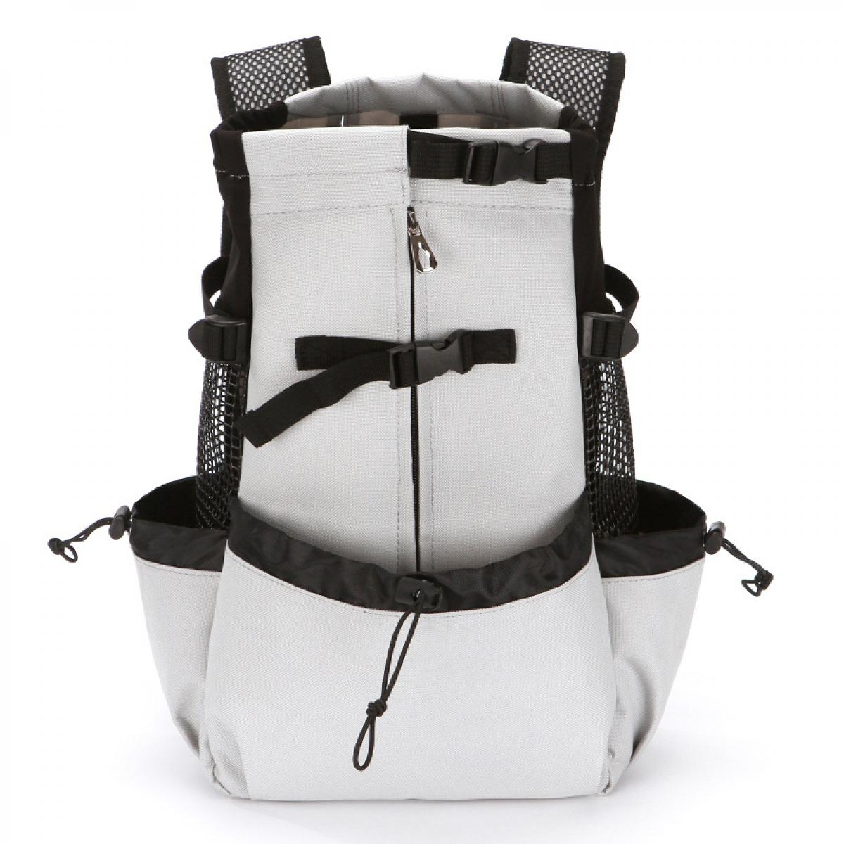 Ein grauer Rucksack mit schwarzen Netzseiten und Schnallen.