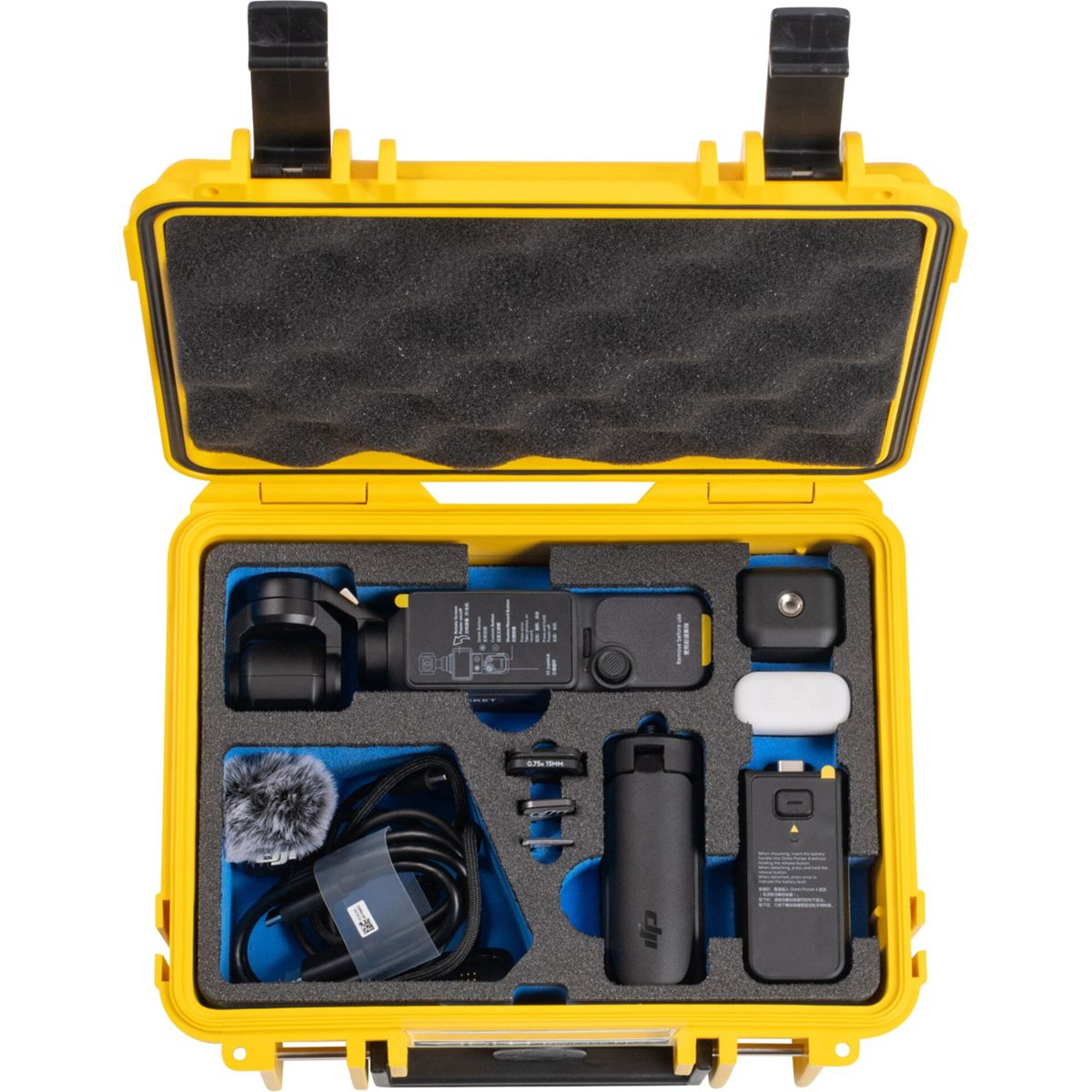 Gelbe Tasche mit DJI-Kameraausrüstung, Gimbal, Mikrofon und Zubehör.