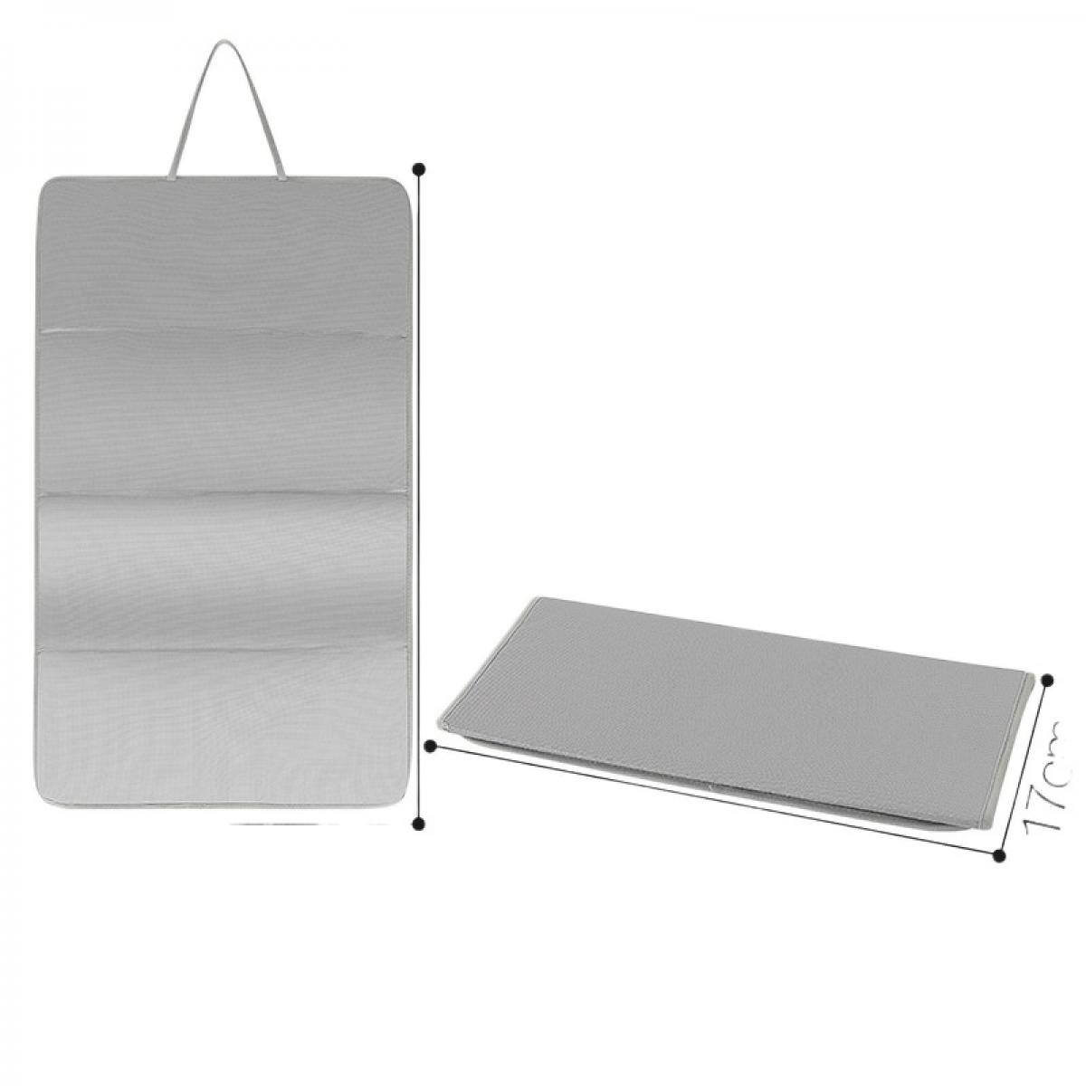 Graues Aufbewahrungsregal mit mehreren Taschen und Aufhänger. Daneben eine flach liegende Ansicht.