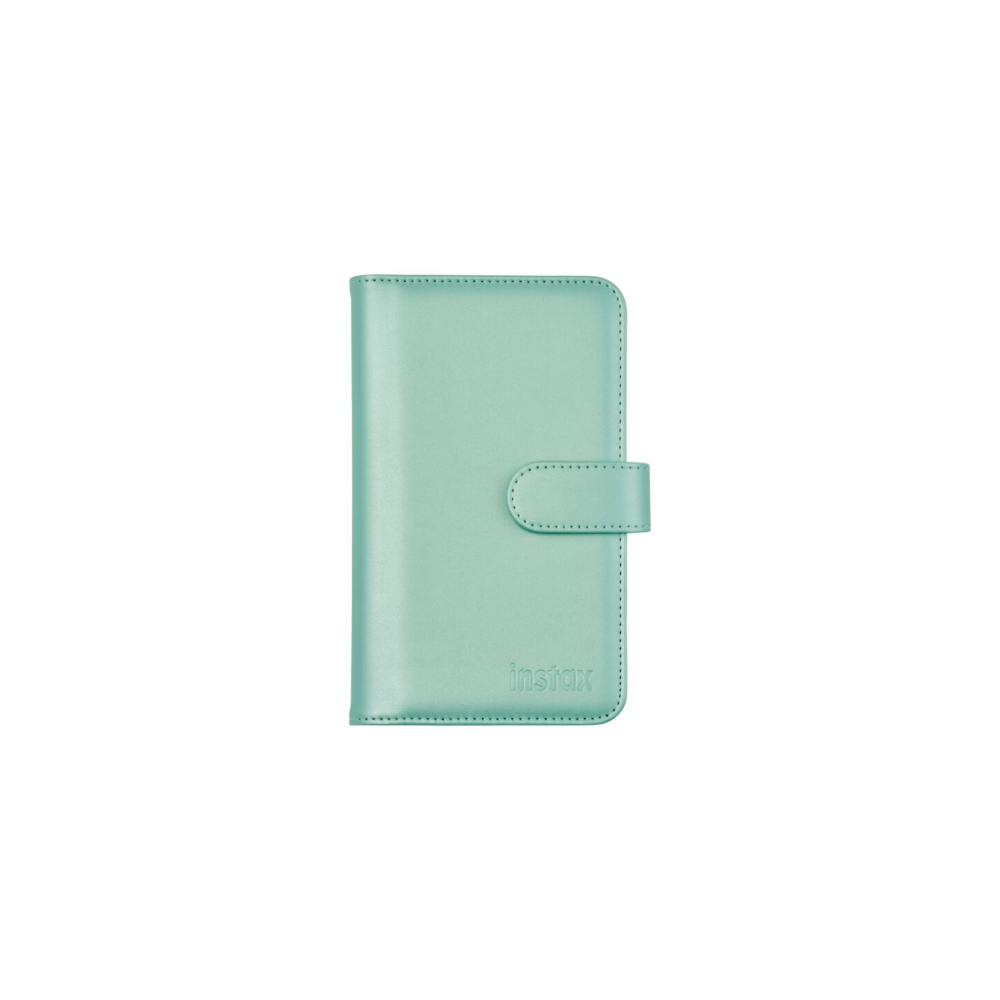 Instax logolu, çıtçıt kapamalı açık yeşil koruyucu kılıf.
