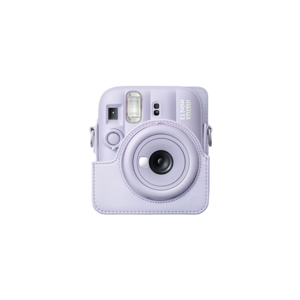 Una cámara instantánea Instax Mini 13 lavanda con funda a juego.