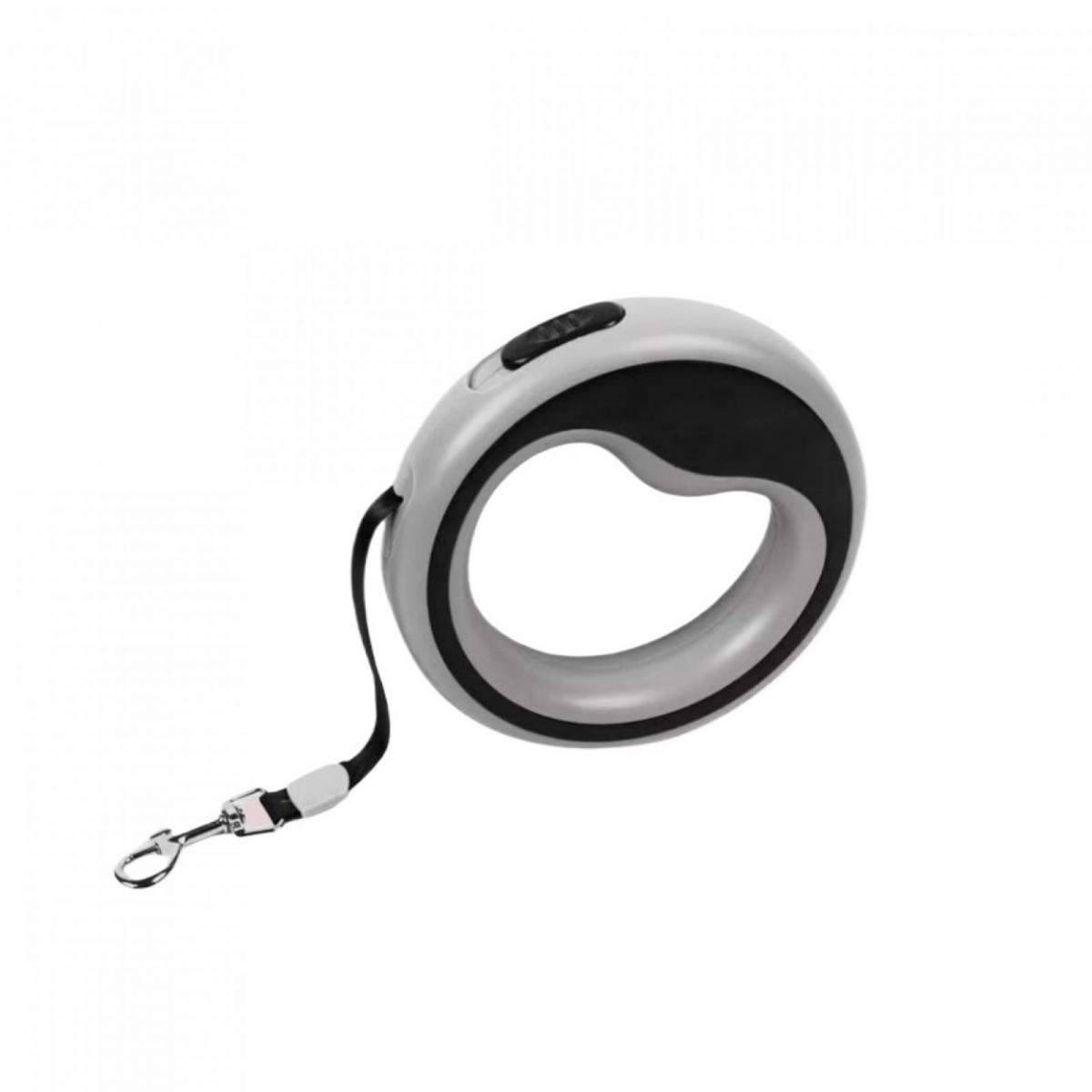 Eine silberne und schwarze einziehbare Hundeleine mit Metallkarabiner.