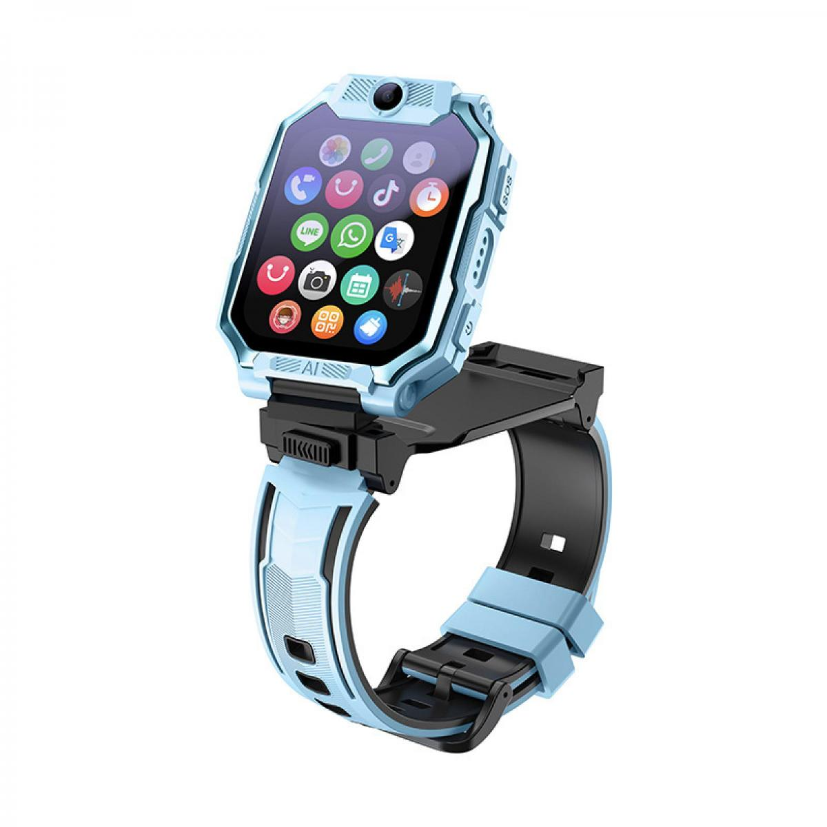 Eine hellblaue Smartwatch mit Kamera oben und bunten App-Symbolen auf dem Bildschirm.