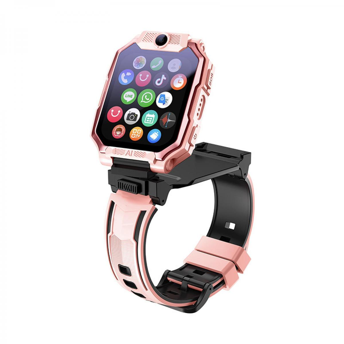 Eine rosafarbene Smartwatch mit einem bunten Touchscreen mit App-Symbolen.