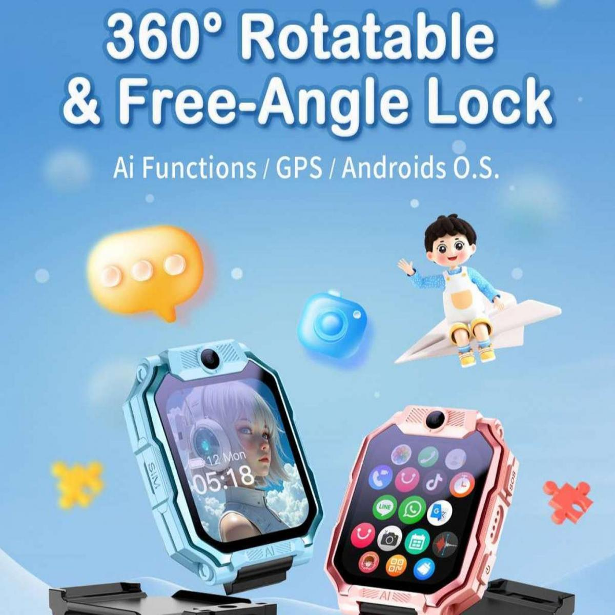 Zwei Kinder-Smartwatches, blau und pink, mit bunten App-Icons und einem Cartoon-Jungen auf einem Papierflugzeug.