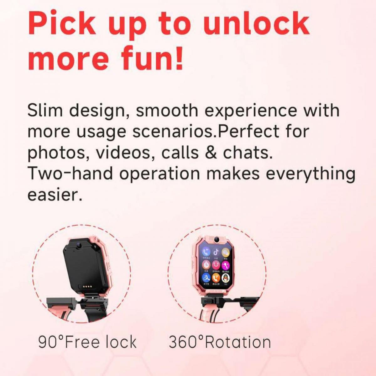 Ein rosafarbene Smartwatch, 90° Freisperre und 360° Drehung.