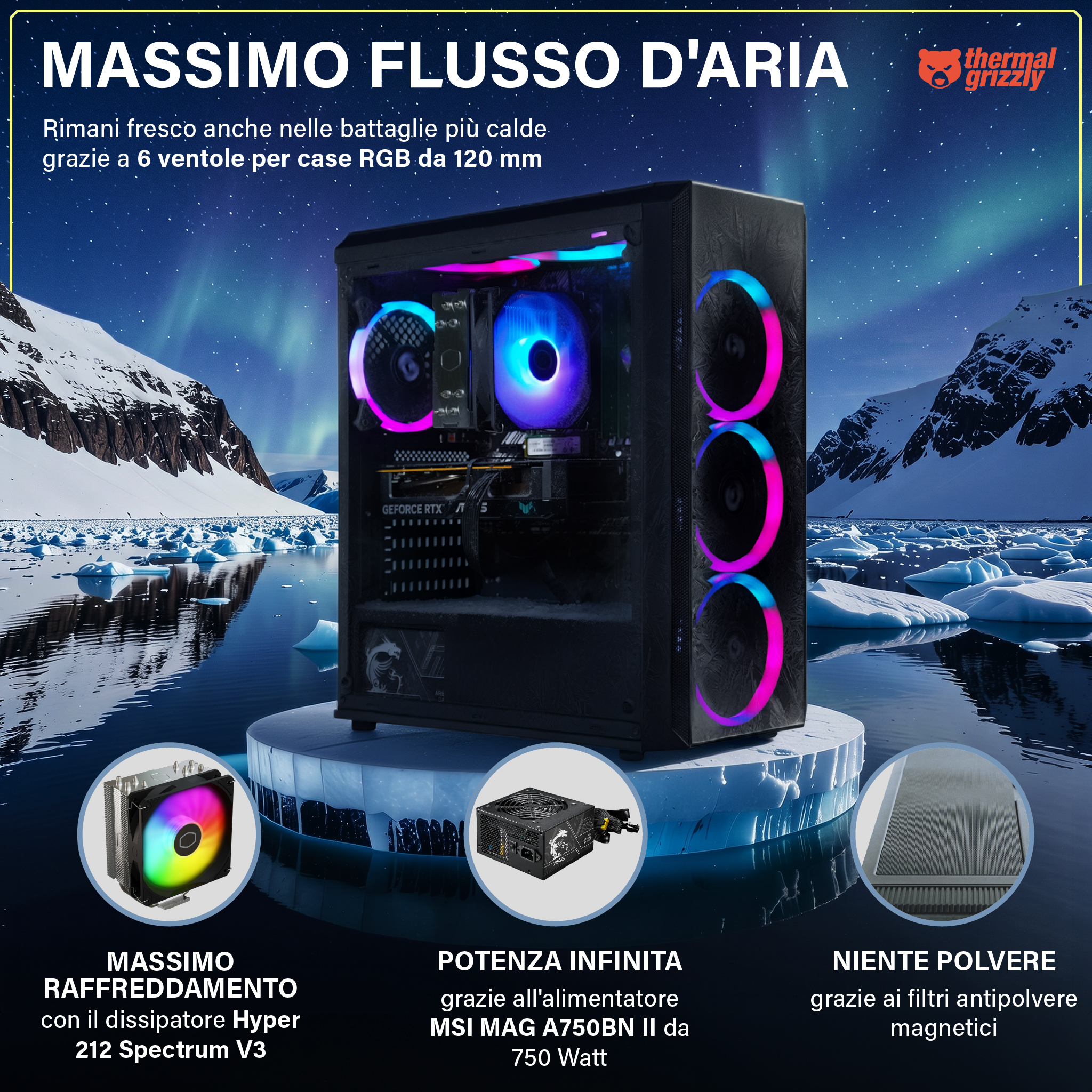 Un case per PC con ventole RGB si trova in un paesaggio ghiacciato sotto l'aurora boreale.