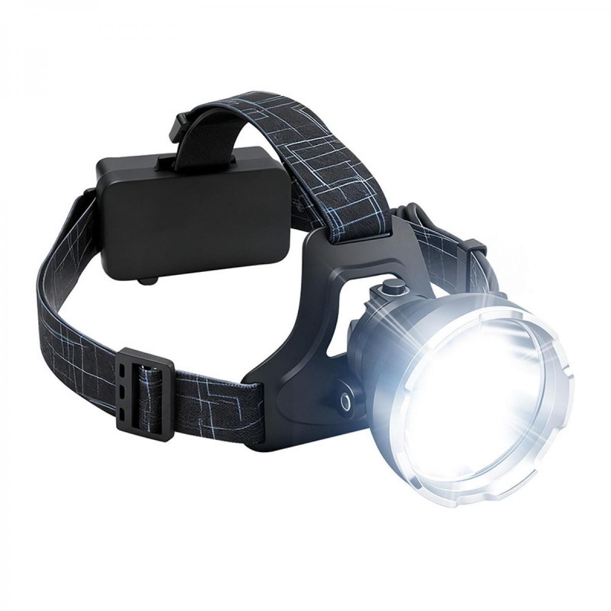 Ein schwarzer Stirnlampe mit hellem Licht und kariertem Band.