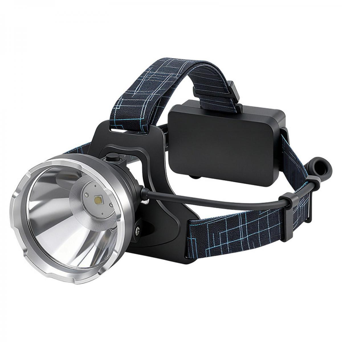 Ein schwarzer Stirnlampe mit silbernem Reflektor und kariertem Band.