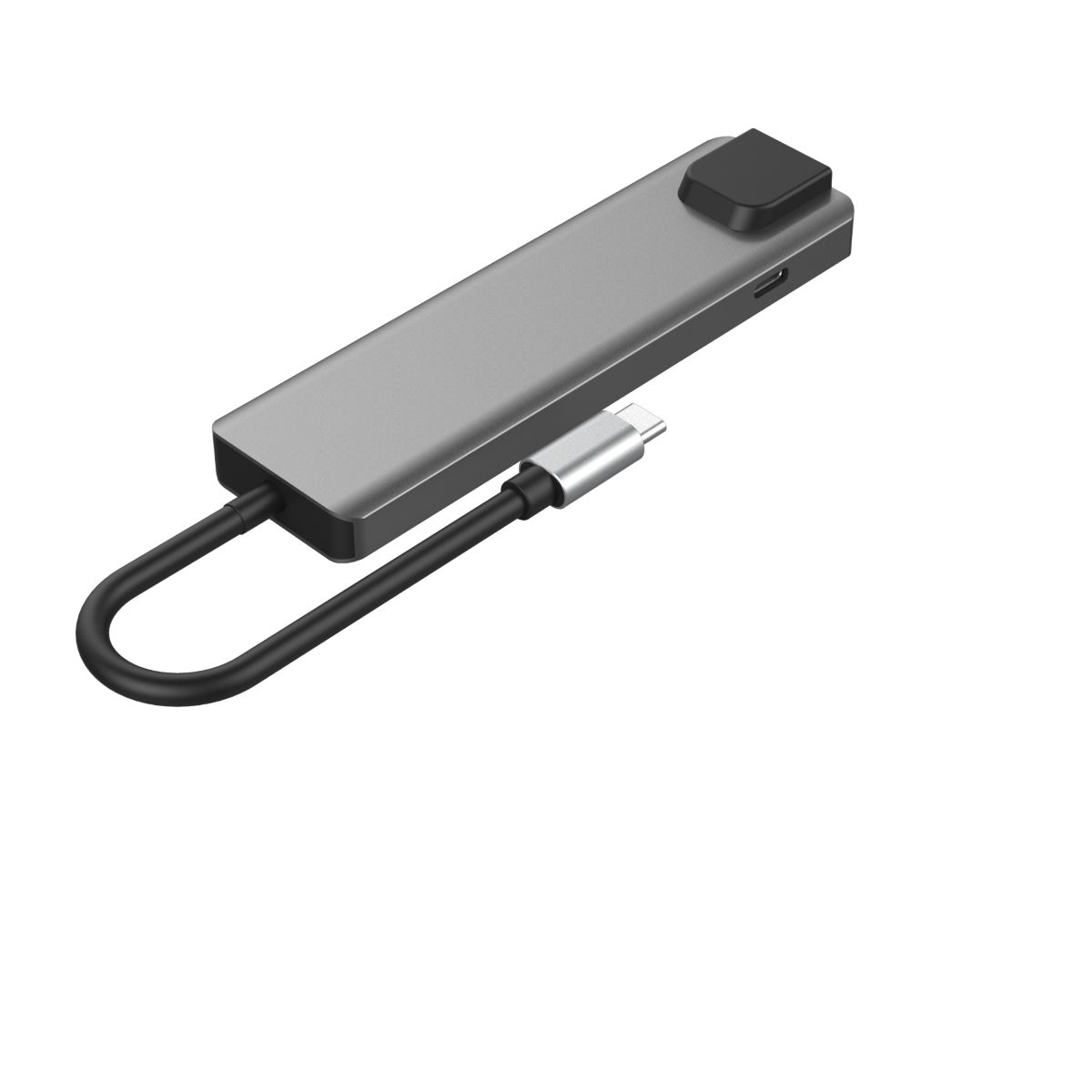 Grauer USB-C-Hub mit schwarzem Kabel und silbernem Stecker.