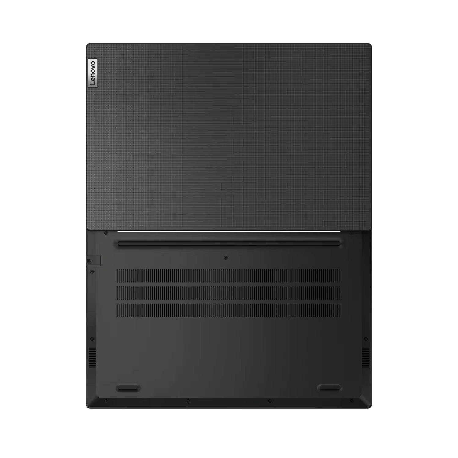 Rückseite eines geschlossenen schwarzen Laptops mit Lenovo-Logo auf dem Deckel.